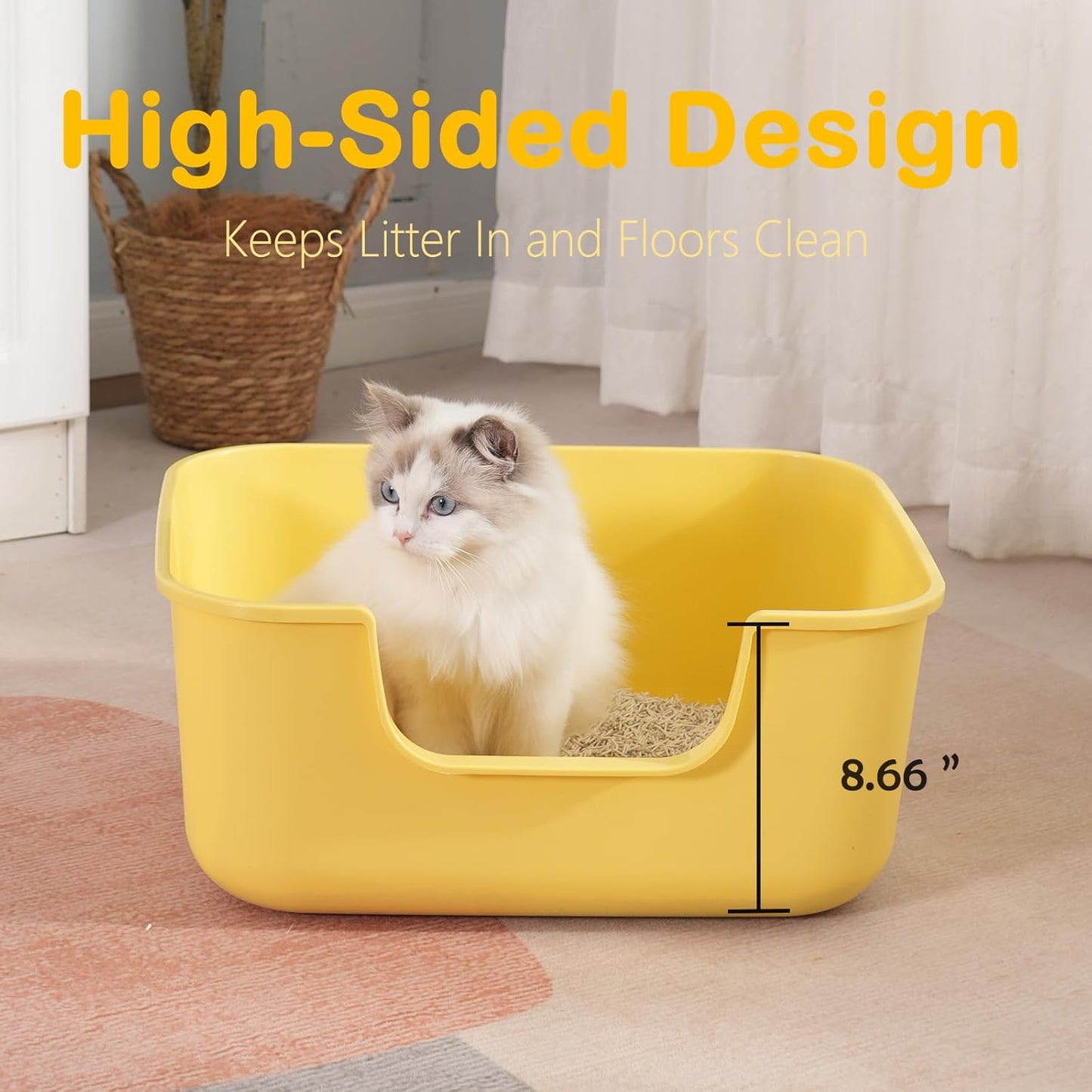 Large Cat Litter Box with High Sides,Cat Boxes for Indoor Cats,Cat Litter Pan for Kitty,Litter Box with Low Entry,Easy to Clean,Anti-Splashing (White)