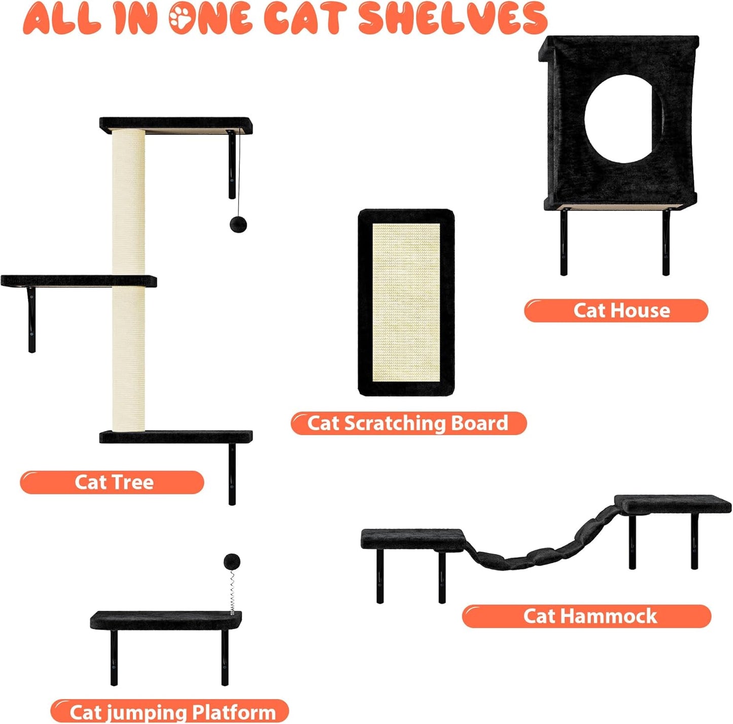 NUNU LAB Wall Mounted Cat Furniture, 5 Pcs Cat Wall Shelves with House, Bridge, Steps, Scratching Post, Shelves, Indoor Safe & Stable Furniture for Kittens Play, Black