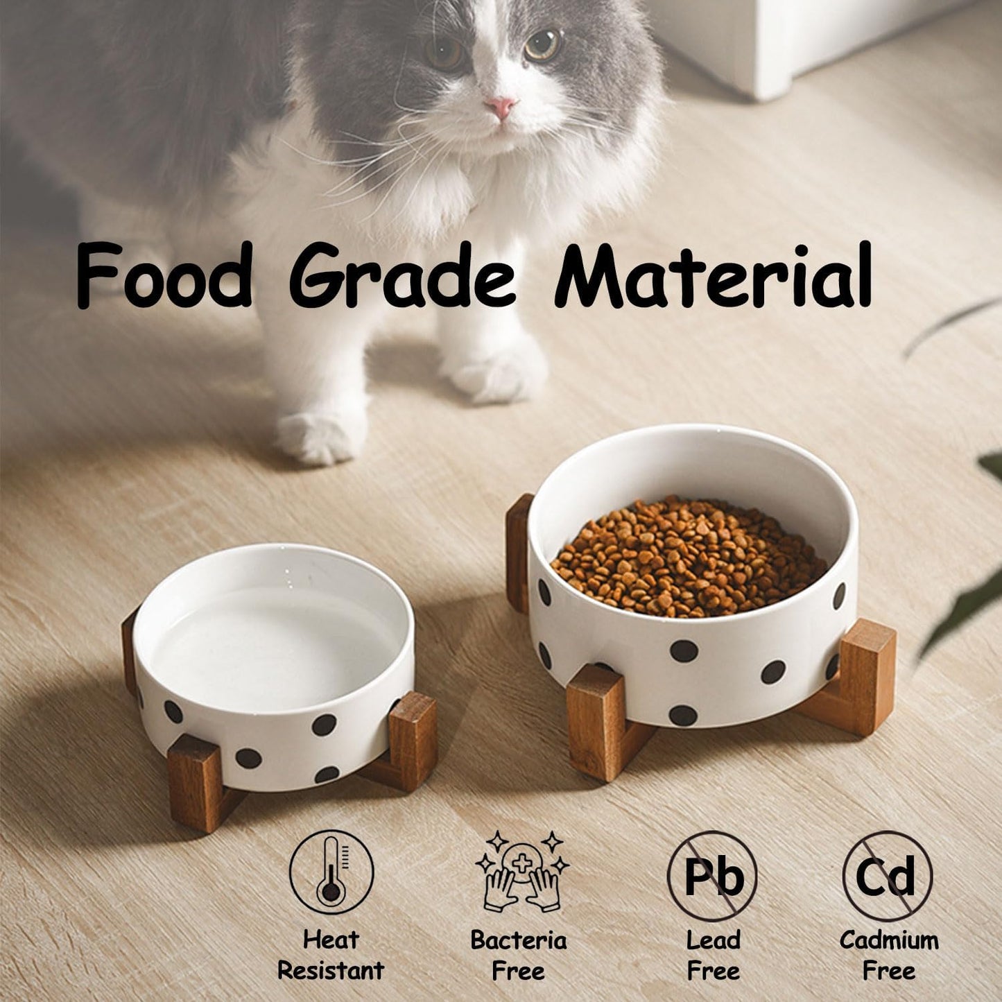 Petygooing Ceramic Dog Bowl Set with Stand, Small Pet Bowls, Anti-Slip Cat & Dog Food and Water Bowl Set (13.5OZ/5.1 in) Black Dot