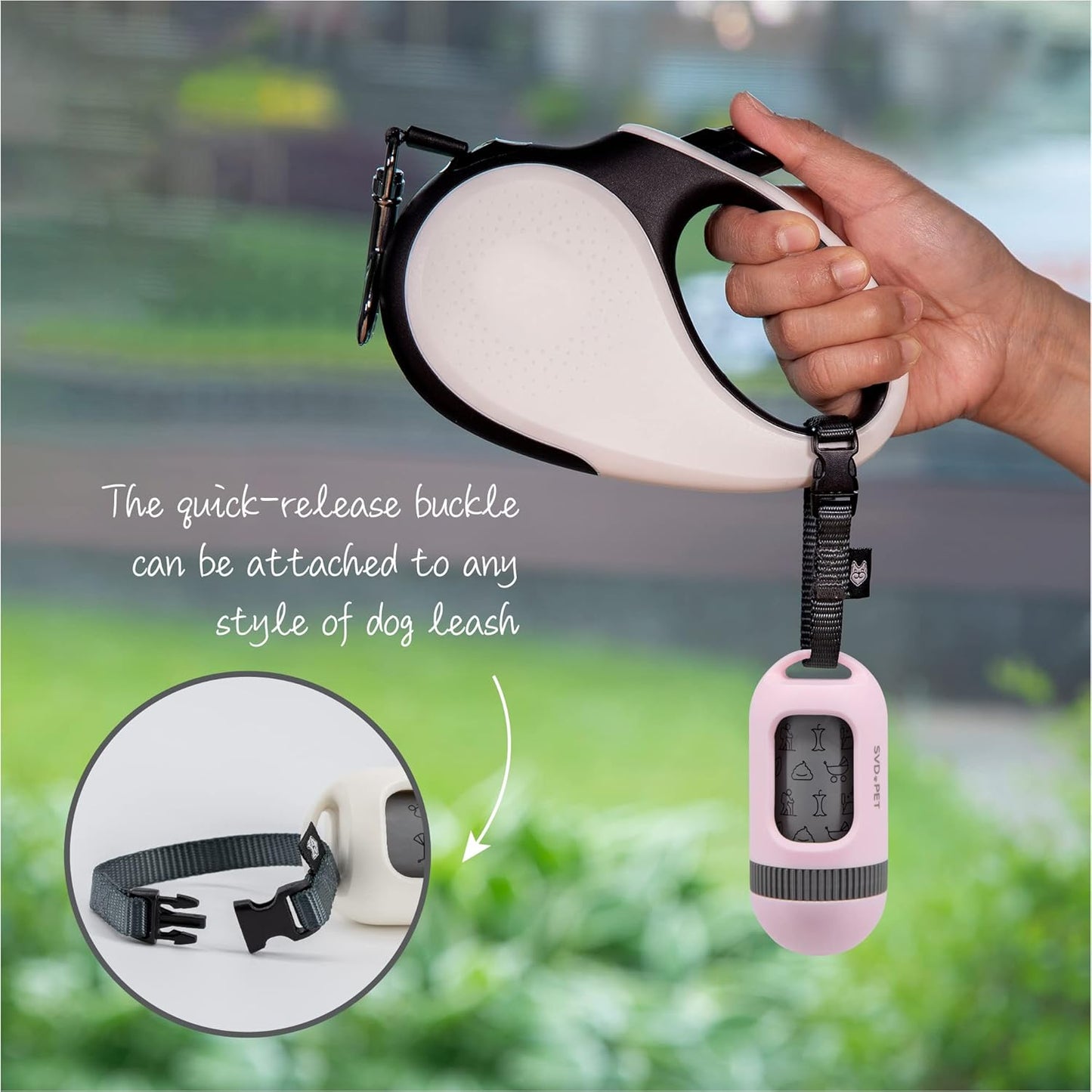 SVD.PET Dog Poop Bag Dispenser, Retractable Waste Bag Fits Any Dog Leash, Built-in Waste Bags, Poop Bag Holder, Doggy Walking Accessory (Primrose Pink)