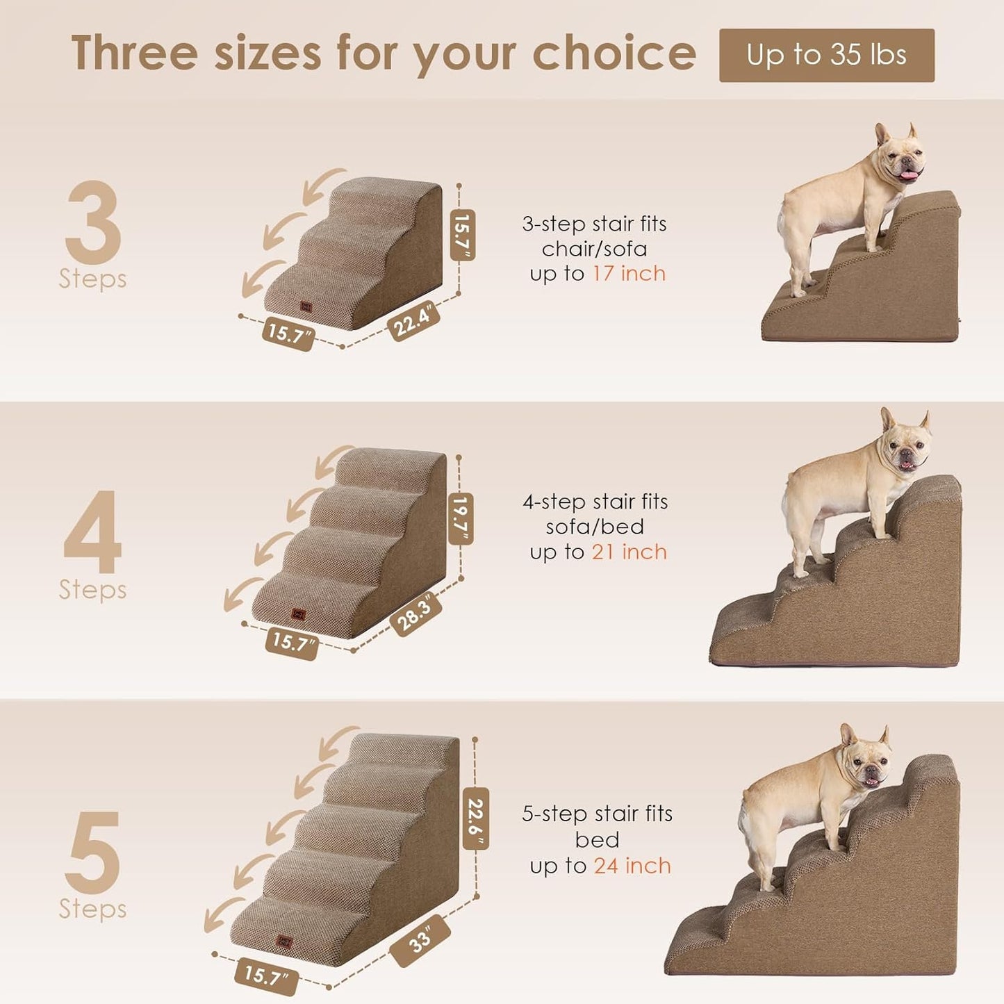 EHEYCIGA Curved Dog Stairs Ramp for High Beds 22.6" H, 5-Step Dog Steps for Small Dogs and Cats, Pet Stairs for High Bed Climbing, Non-Slip Balanced Pet Step Indoor, Camel
