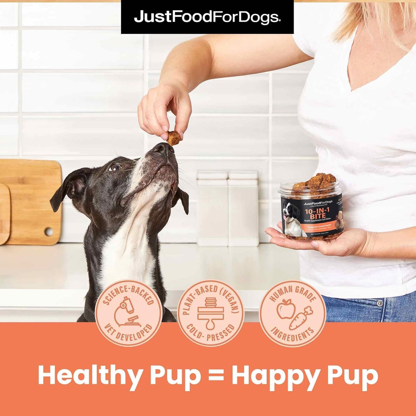 JustFoodForDogs 10-in-1 Multifunctional Supplement Chews for Dogs, Superfood Blend, Glucosamine, Omega-3 Fatty Acids, Skin Health, Joint Health, Probiotics, Plant-Based, Human Grade - 45 Count