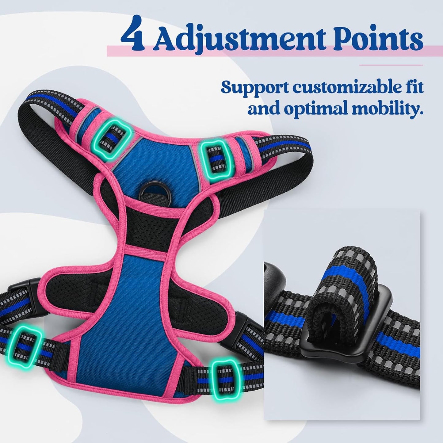 rabbitgoo Dog Harness No Pull with 2 Leash Clips, Adjustable Soft Padded, Reflective Oxford No Choke Pet Vest with Easy Control Handle for Large Dogs, Blue & Hot Pink, XL