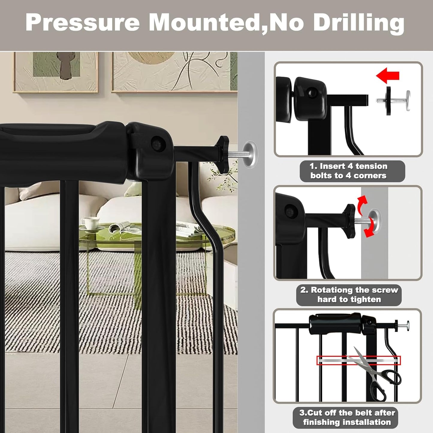 Fairy Baby Walk Through Baby Gate 43.5-48 Inch Wide, Pressure Mounted Safety Gate with Door No Drill, Black Tension Metal Gate for Dog and Toddler