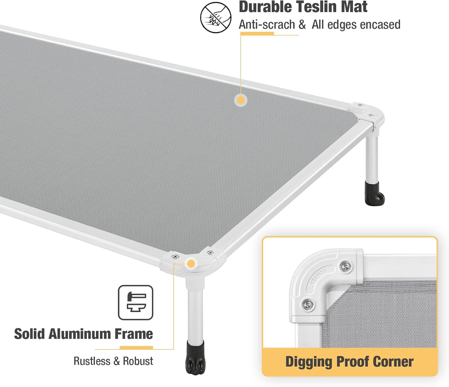 Veehoo Chew Proof Elevated Dog Bed - Cooling Raised Pet Cot - Silver Aluminum Frame and Durable Textilene Mesh Fabric, Unique Designed No-Slip Feet for Indoor or Outdoor Use, Grey, X-Large, CWC2003