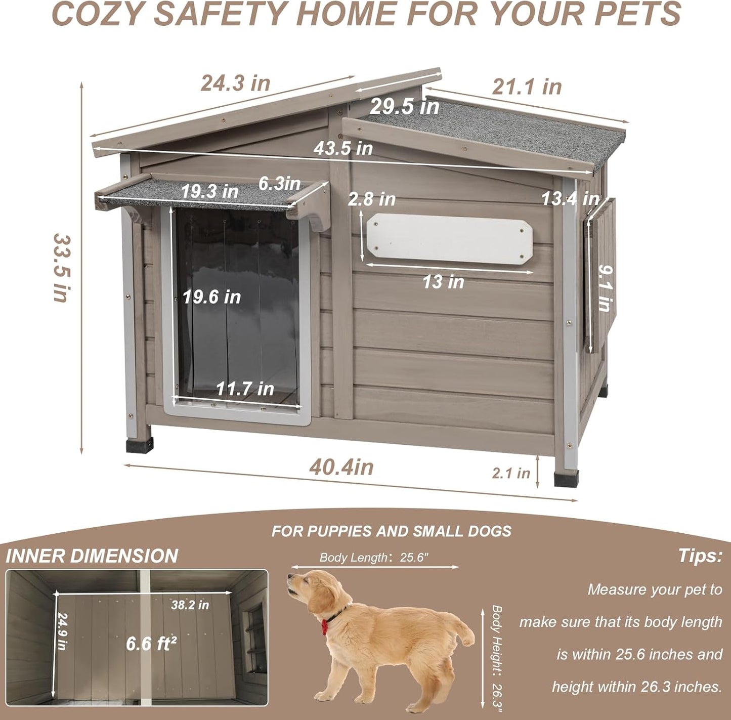 43" L Outdoor Extra Large Dog House with Removable Floor, Raised Feet, Anti-Chewing Iron Frame – Wooden Kennel with Asphalt Roof, Window for Indoor/Outdoor Use, Ideal for Medium to Large Dogs