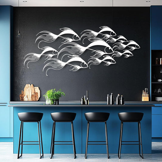 School of Fish Metal Wall Art, Metal Fish Wall Decor, Sea Life Wall Art, Large Nautical Wall Hanging, Modern Beach House Wall Decor, Ocean Themed Artwork for Bathroom (White, 53"x22" | 135x57cm)