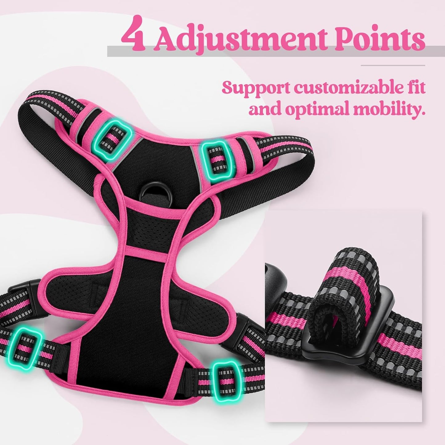 rabbitgoo Dog Harness No Pull with 2 Leash Clips, Adjustable Soft Padded, Reflective Oxford No Choke Pet Vest with Easy Control Handle for Large Dogs, Black & Hot Pink, M