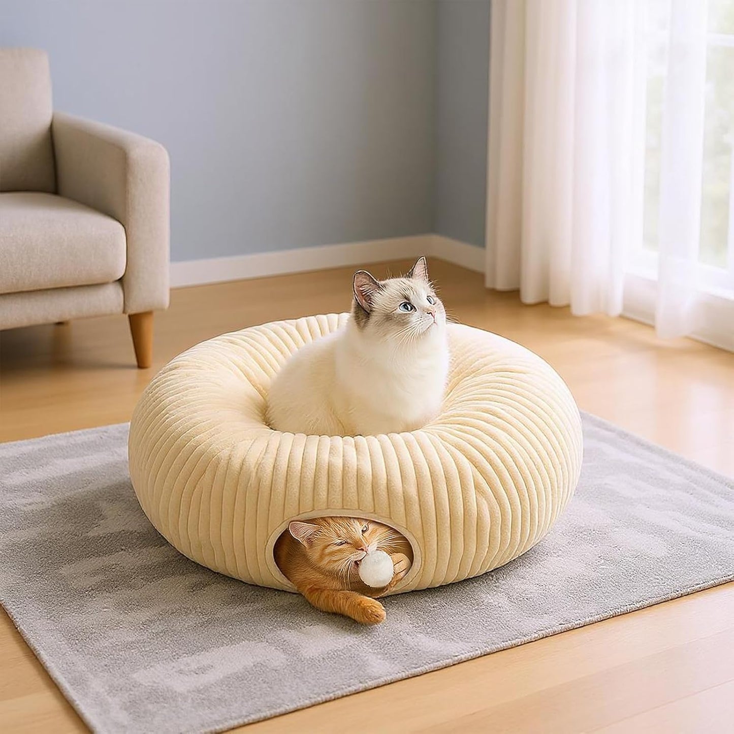Cat Tunnel Bed with 40 Cat Toys, Collapsible Play Tunnel for Indoor Cats, Cat Tube for Kitten Puppy
