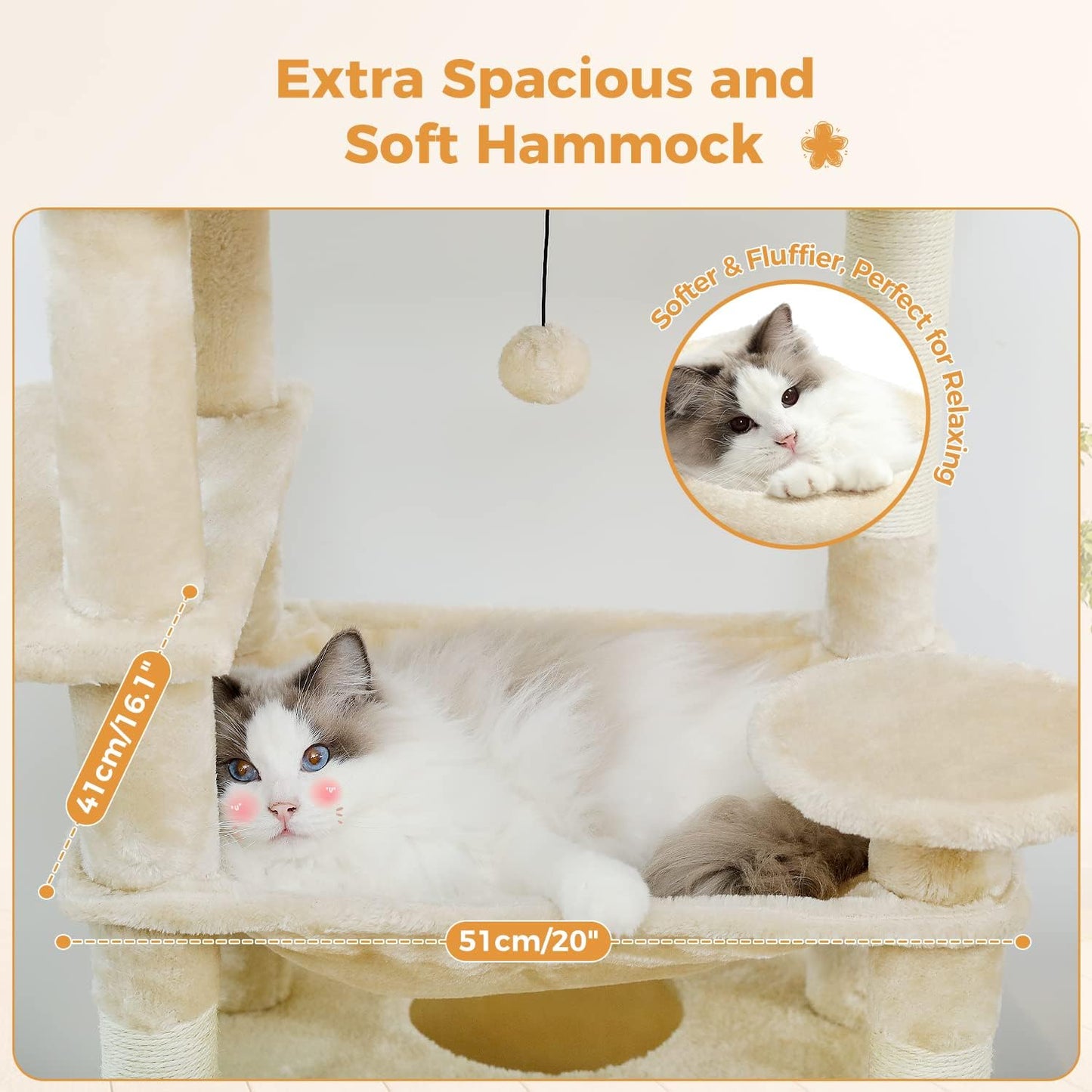 PAWZ Road Large Cat Tree, 72 Inches Cat Tower for Large Cats, Cat Condo with Sisal-Covered Scratching Posts and Pads, 2 Padded Perch, Dual Condo and Basket for Indoor Cats-Beige