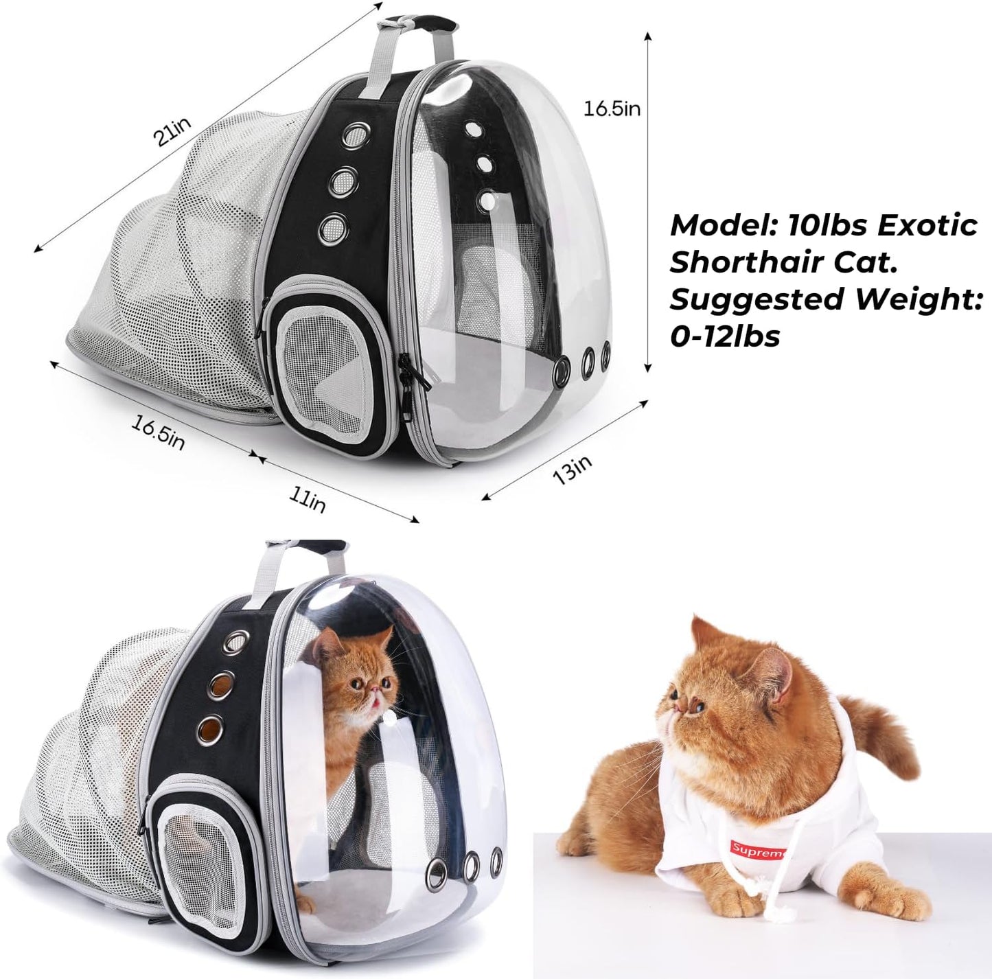 Lollimeow Cat Carrier Backpack, Bubble Expandable Backpack Carrier, Pets and Small Dogs,Airline-Approved, Designed for Travel, Hiking, Walking & Outdoor Use (Back Expandable-Black)