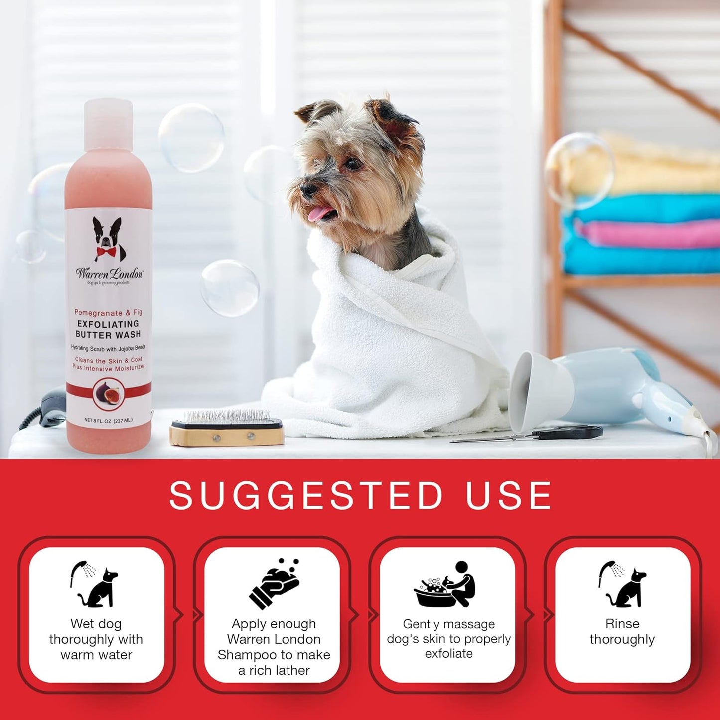 Warren London Exfoliating Butter Wash – Pomegranate & Fig Dog Shampoo, 8 oz | Cleans, Exfoliates & Conditions in One | Jojoba Beads Relieve Dry, Itchy Skin | Non-Oily Shine | Made in USA