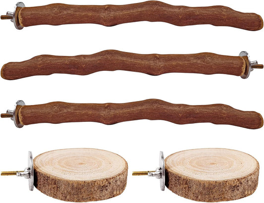 5PCS Bird Perch Stand Natural Wooden Parrot Stand Branch,3 Grape Wood Perch,2 Platform,Paw Grinding Fork Parakeet Chewing Stick Exercise Training Branches for Cockatiels,Small Birds