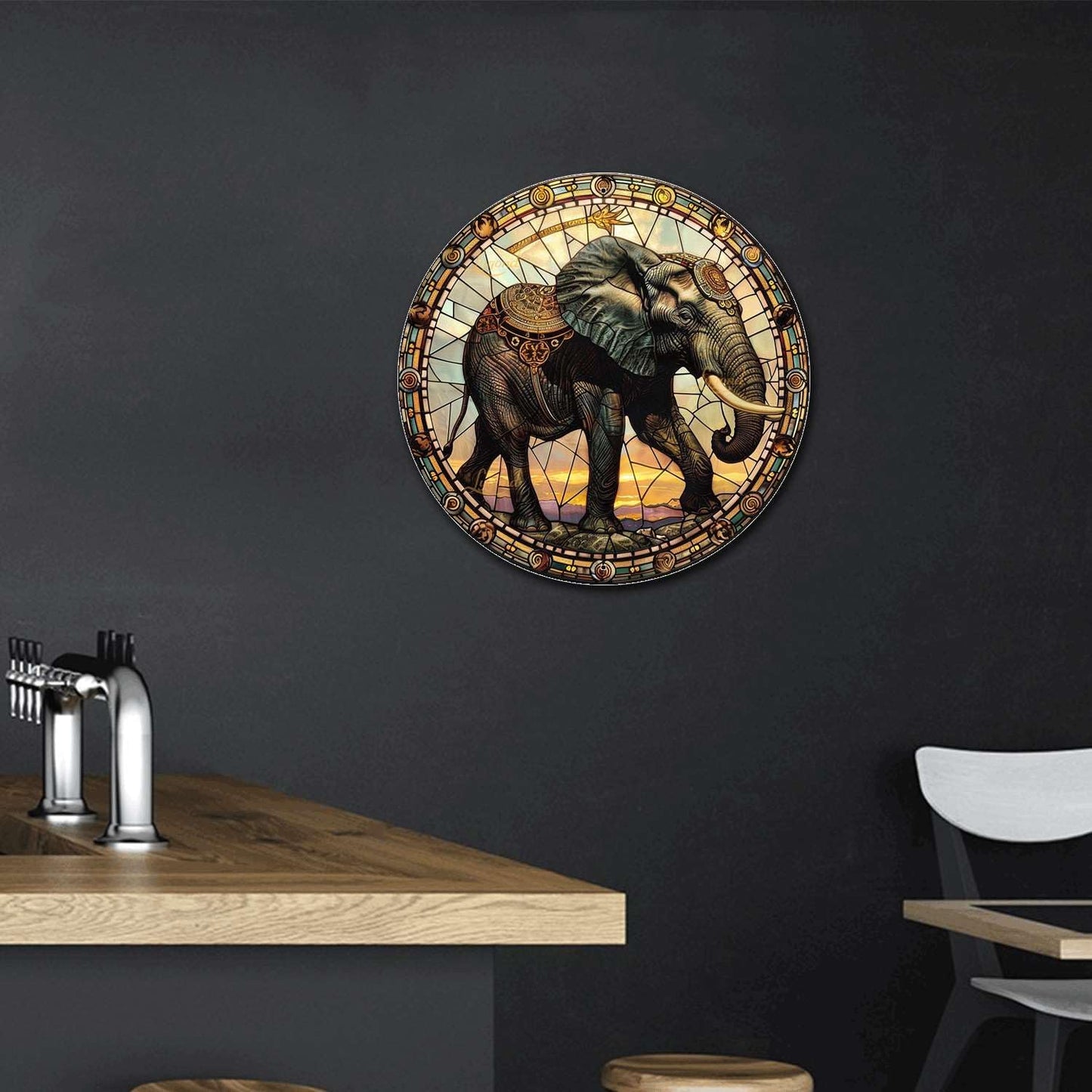 Lygond Metal Sign Tin Sign Circular Stained Glass Elephant Garden Tin Sign for Yard 8×8 Inches
