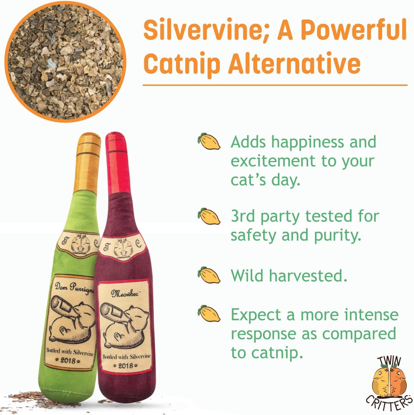 KittiLush 2-Pack Organic Silvervine Catnip Substitute Toys for Cats & Kittens | 100% All-Natural Wild Harvested Silvervine | 2 Refillable Wine Bottle Kicker Cat Toys