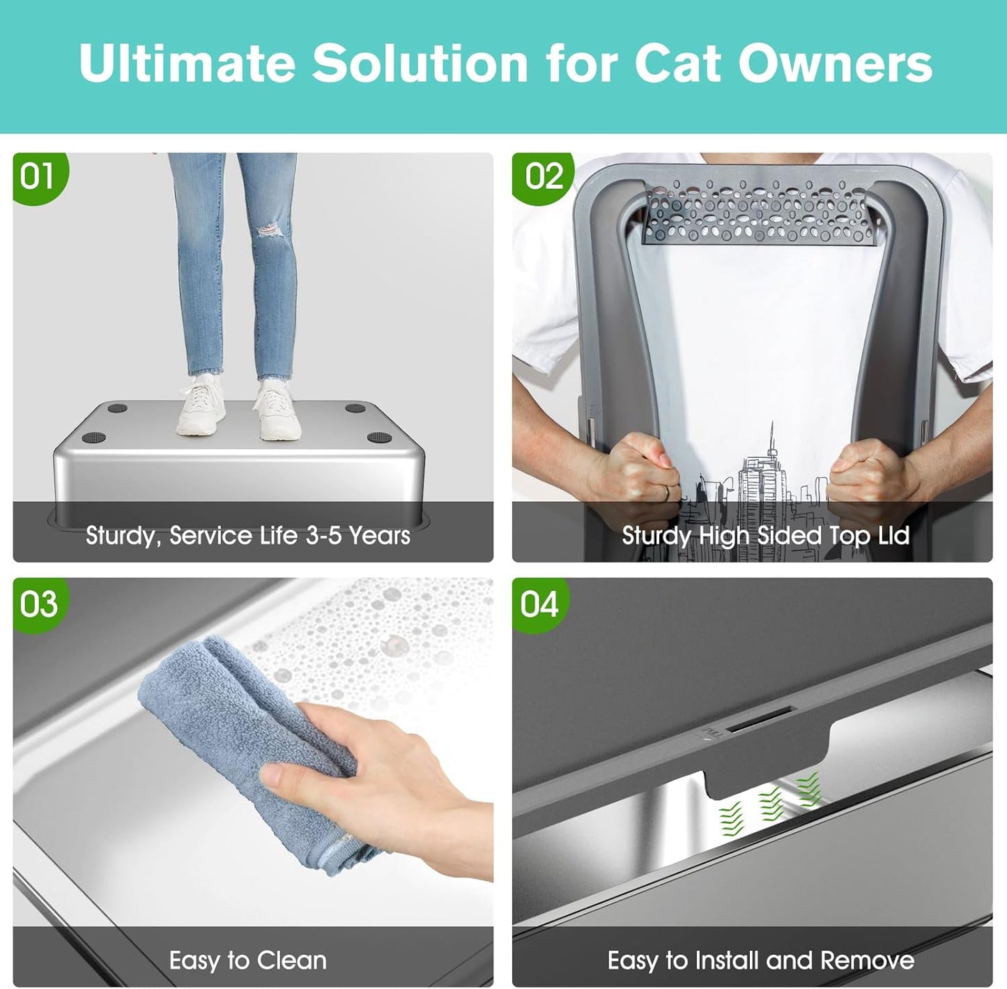 Stainless Steel Cat Litter Box with High Sides Lid, Extra Large XL Litter Box for Big Cats,Enclosed Metal Kitty Litter Pan with Anti-Leakage Enclosure, Non-Stick, Odorless,Scoop Included (Dark Grey)…