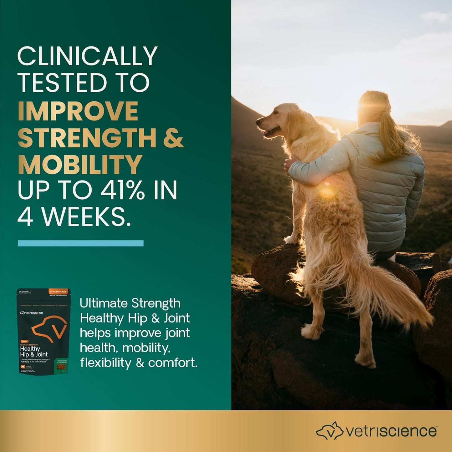 VetriScience Ultimate Strength Healthy Hip & Joint Chews, GlycoFlex Glucosamine, Chondroitin and Green-Lipped Mussel Joint Support Supplement for Dogs, Soothe Joint Discomfort, Duck, 60 Count