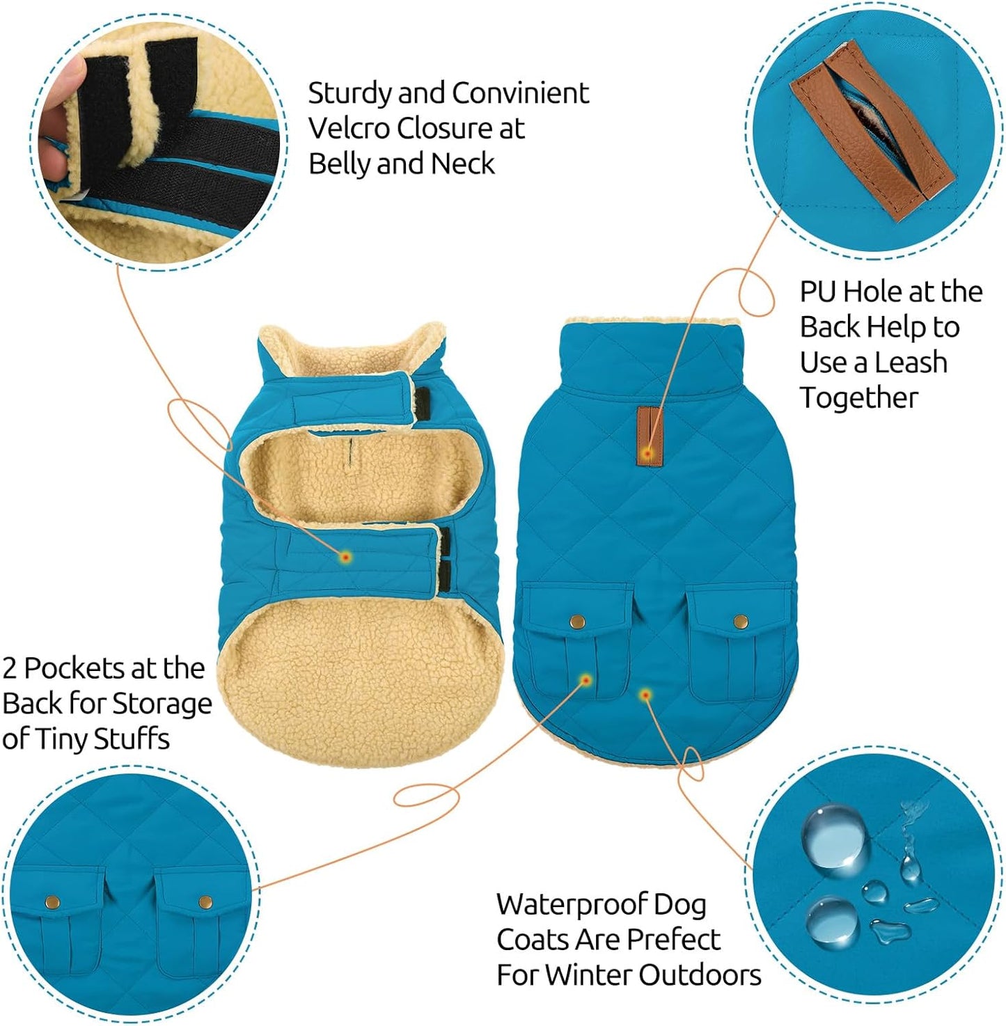 Queenmore Dog Winter Coat Warm Puffer Jacket Waterproof Plush Lining Thermal Cold Weather Vest for Small Medium Large Dogs, Windproof Easy On Pet Jacket Blue M