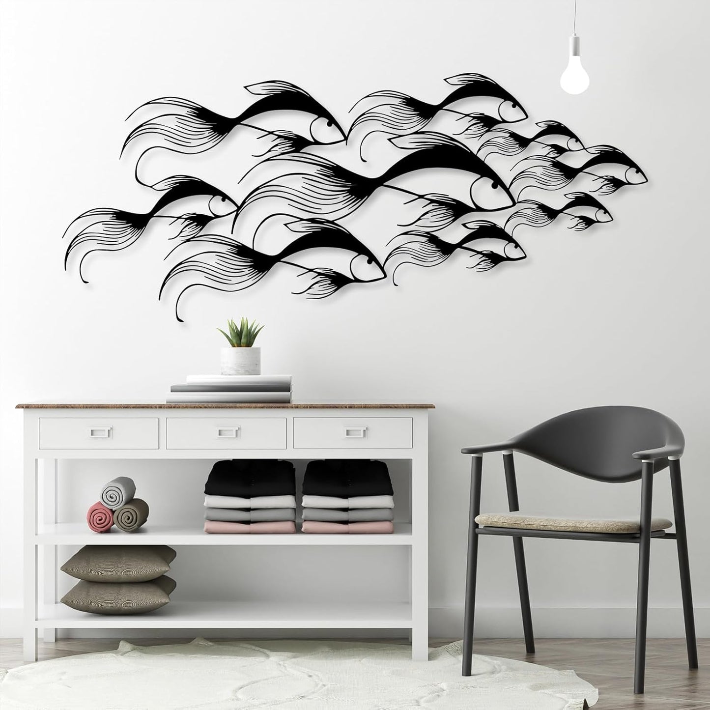 School of Fish Metal Wall Art, Metal Fish Wall Decor, Sea Life Wall Art, Large Nautical Wall Hanging, Modern Beach House Wall Decor, Ocean Themed Artwork for Bathroom (Black, 41"x18" | 105x45cm)