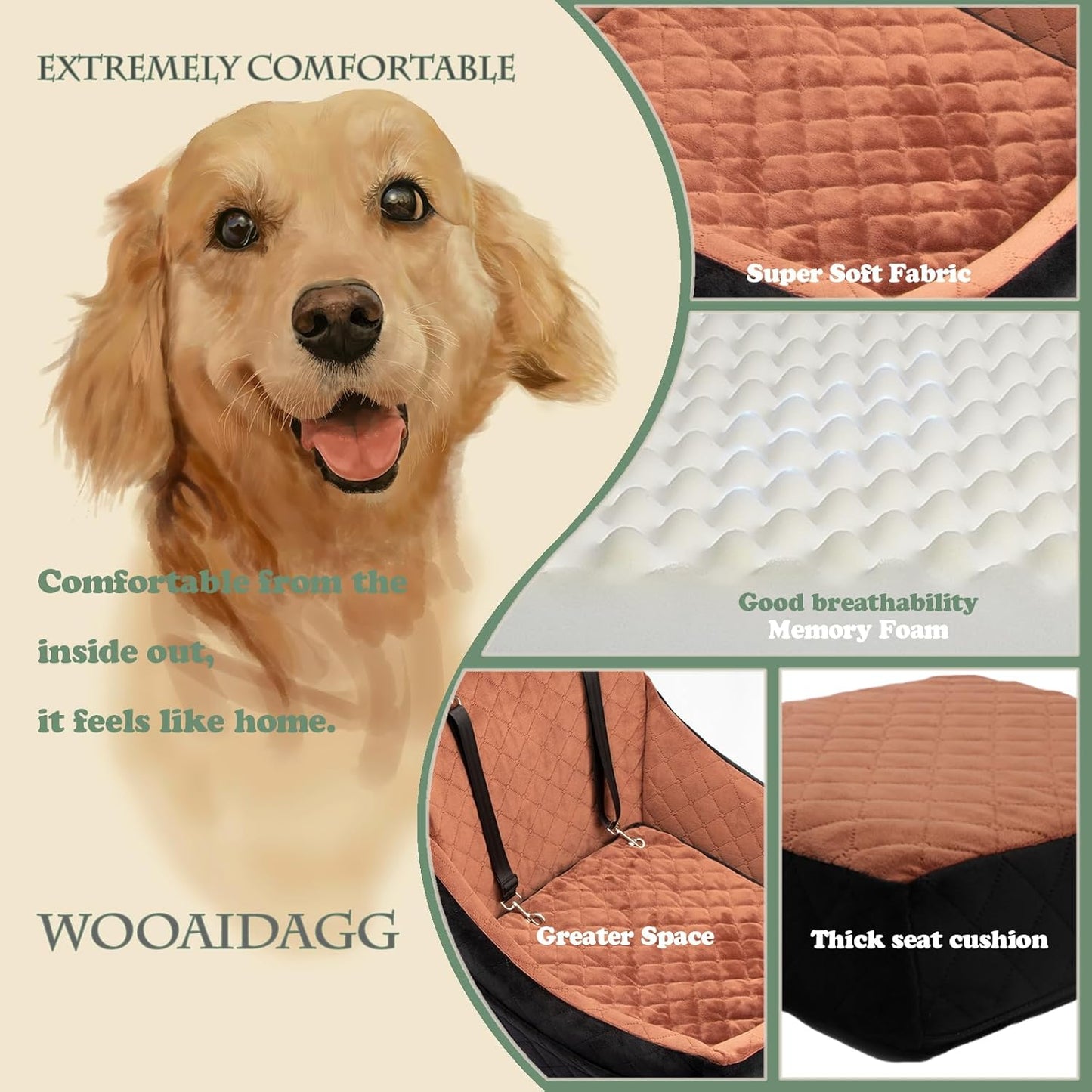 Dog Car Seat for Medium Dogs, Pet Travel Bed with Seat Belt Channel, Fully Detachable and Washable, 3 Straps Easy to Install (Green)