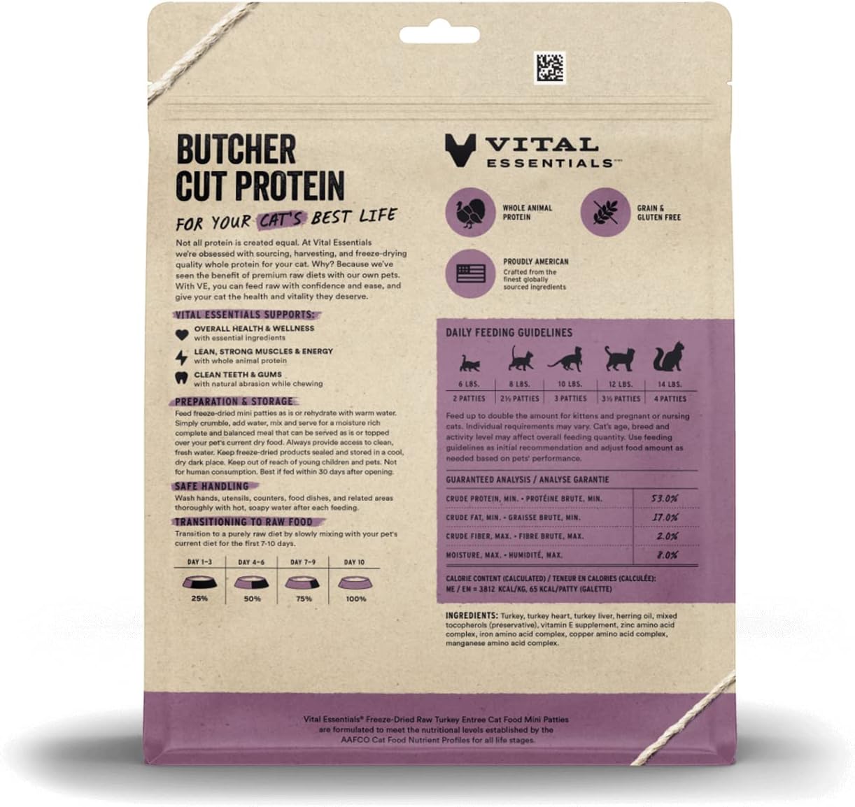 Vital Essentials Freeze Dried Raw Cat Food, Turkey Mini Patties Entree, 8 oz