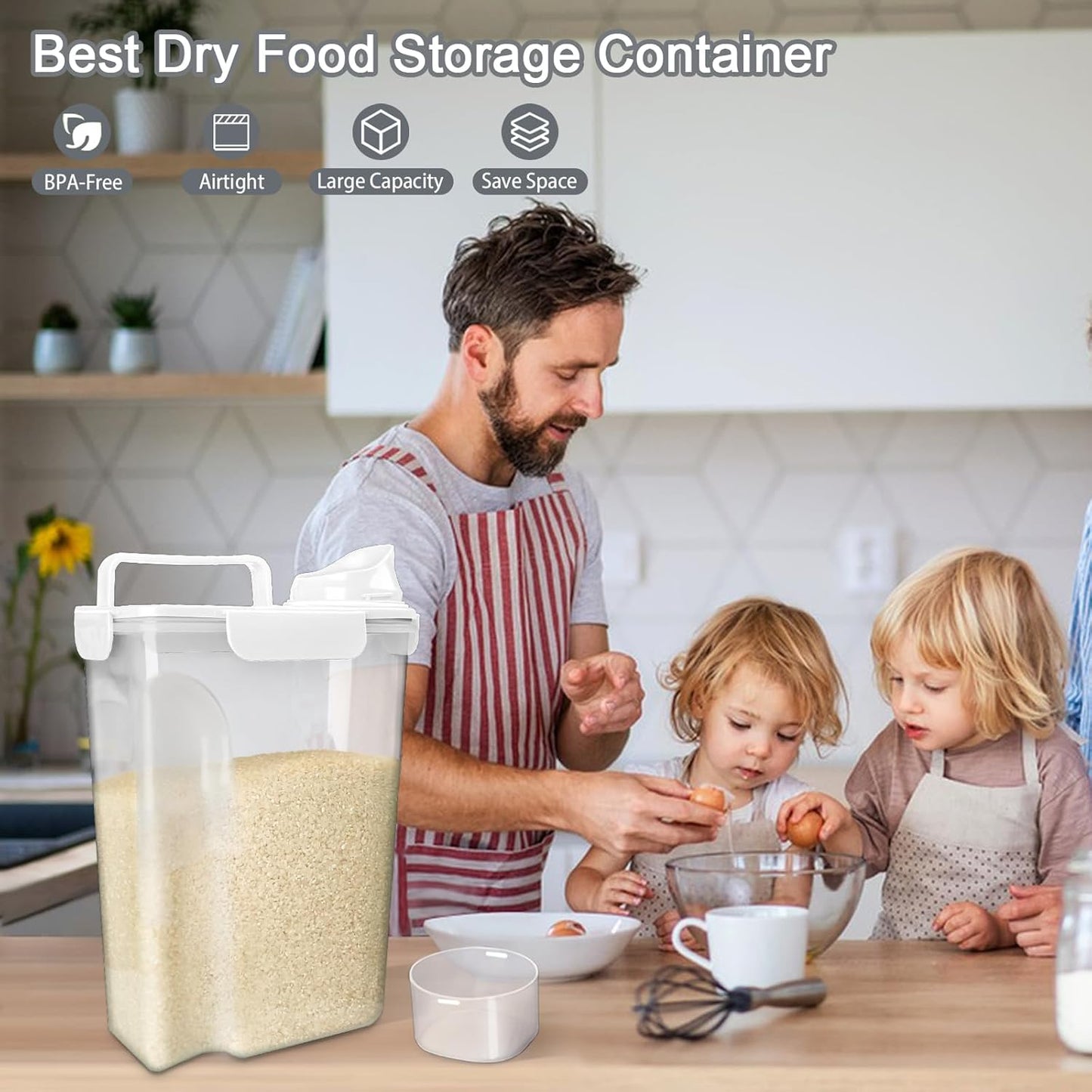Rice Container, Airtight Rice Storage Container 10lb, Cereal Containers Storage, BPA Free Food Dispenser with Pouring Spout Handle for Flour Pasta Grain, Pet Dog Cat Bird Food Storage Container