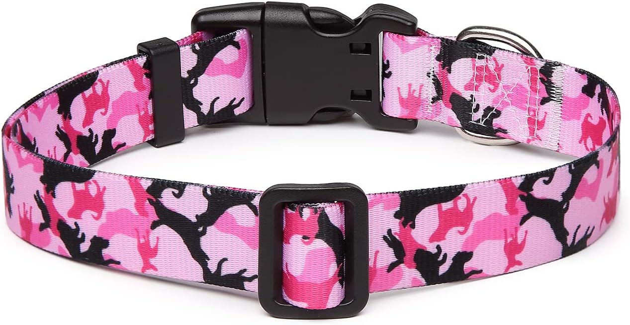 Mercano Adjustable Dog Collar - Special Design Patterns, Soft Nylon Comfortable Durable Pet Collar for Small Medium Large Dogs (S, Dog Camouflage Pink)