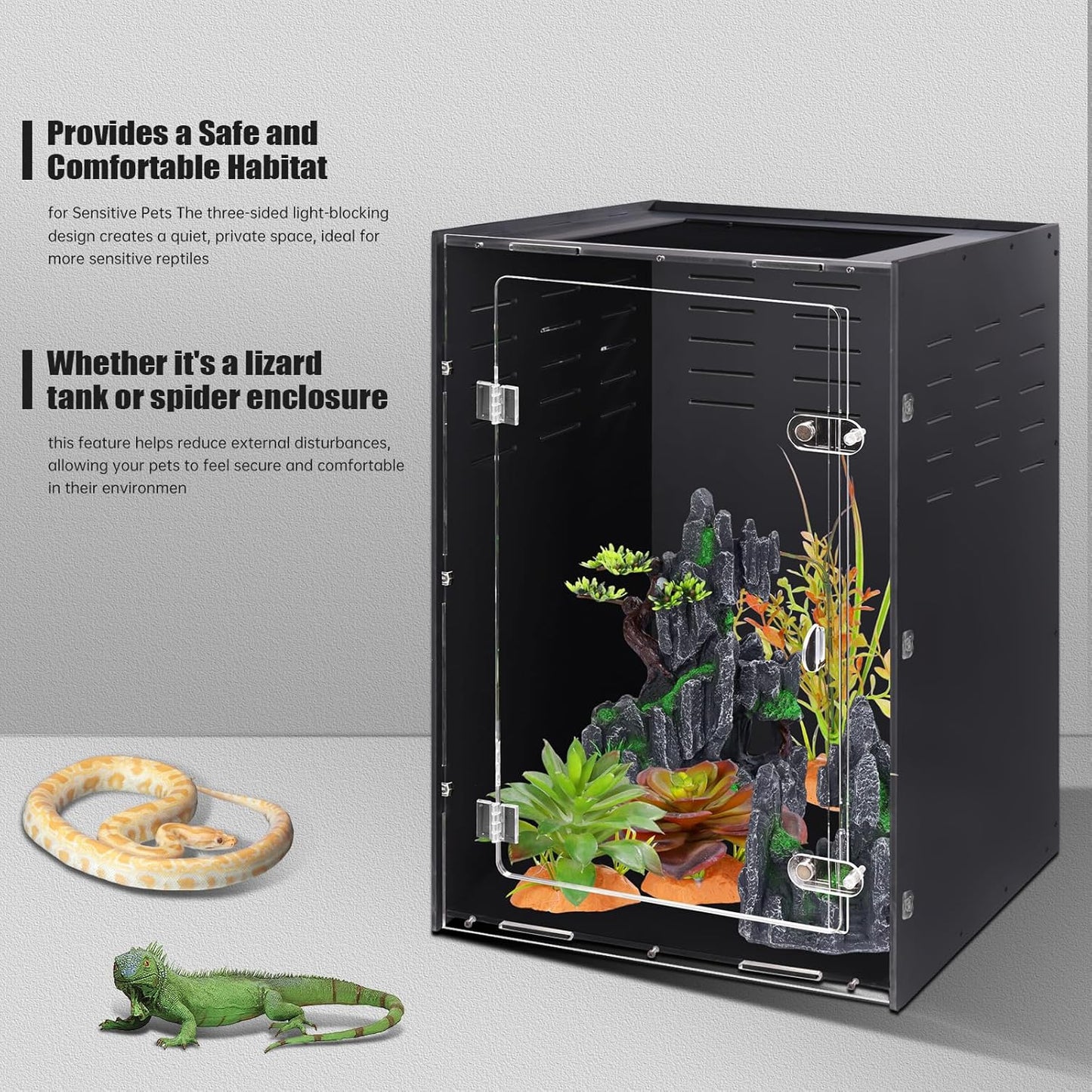 Reptile Tank Enclosure – 16x16x25 Crested Gecko Reptile Terrarium – Acrylic Habitat with Ventilation for Lizards, Snakes & Chameleon