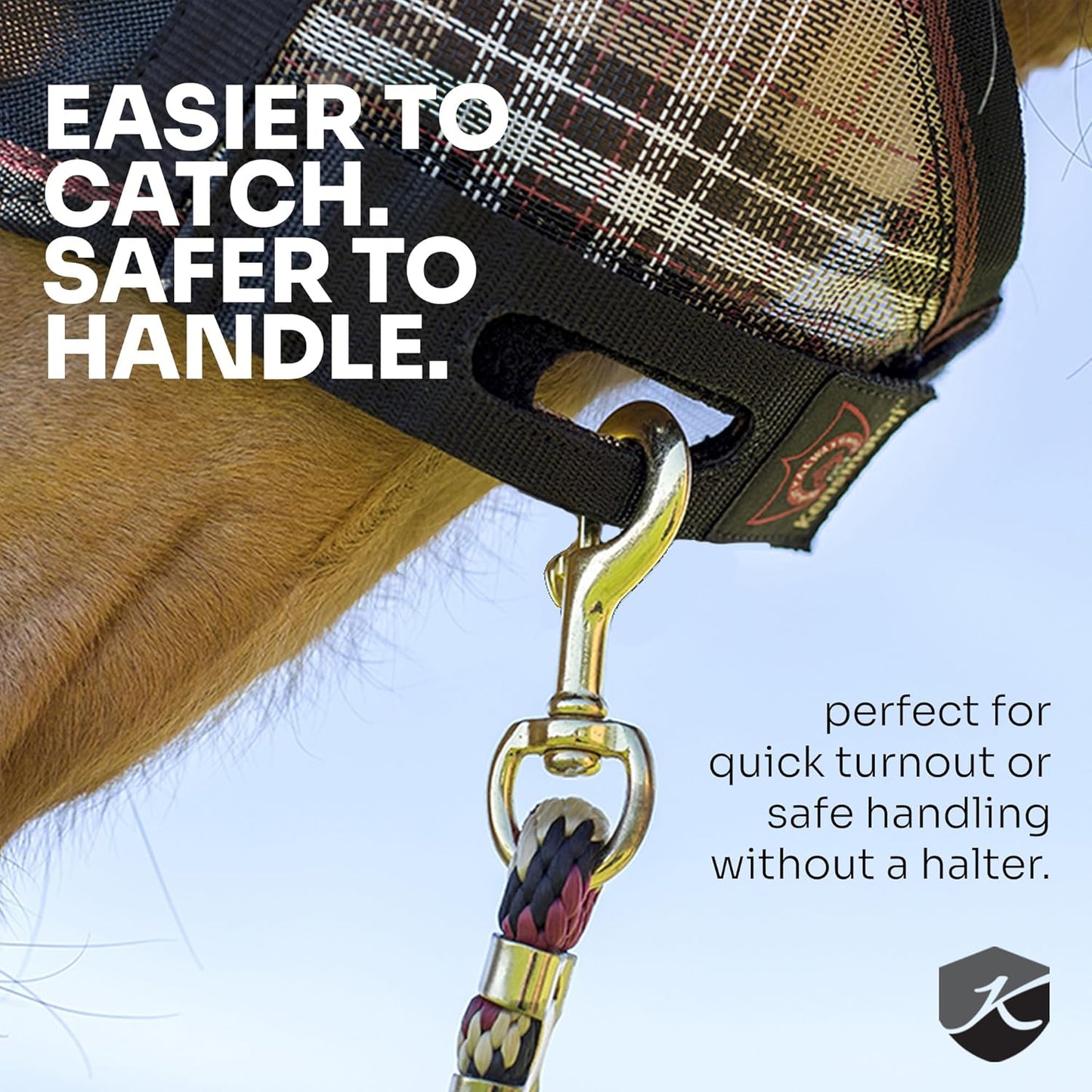 Kensington 90% UV Fly Mask Halter CatchMask UViator - Without Ears & Forelock Freedom Web Trim *Roomy Fit*- X-Large, Deluxe Black