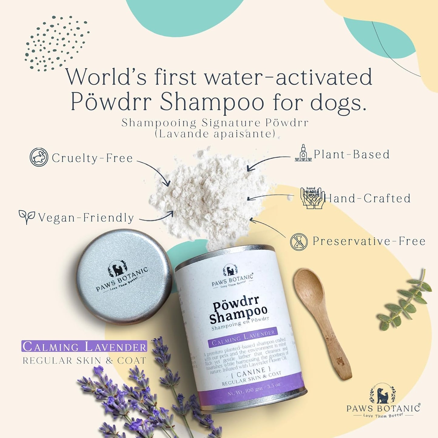 Unscented Dog Dry Shampoo, Powder Shampoo for Dogs, Regular Skin & Coat, 3.5 oz with Bamboo Spoon (Calming Lavender)