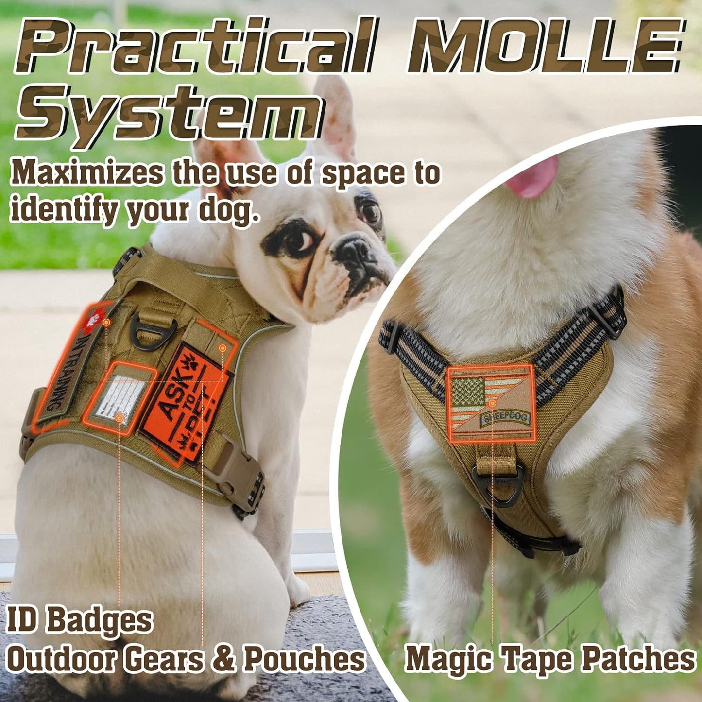 rabbitgoo Tactical Dog Harness for Large Dogs, No Pull Military Service Vest with Handle & Molle, Easy Control for Training Walking, Adjustable Reflective Straps, Brown, L