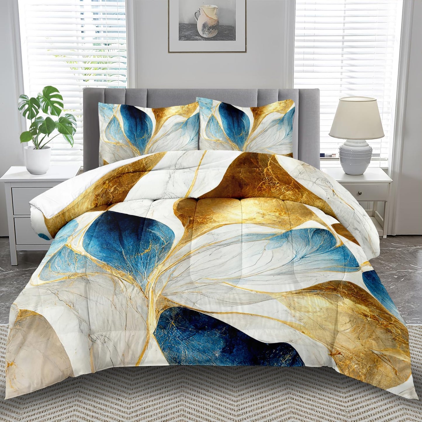 Vintage Floral Comforter Set Twin Size Women,Marble Flower Bedding Set Twin,Marble Blue Flower Bed Comforter,Blue and Gold Floral Quilt Bedroom Decor for Kids and Adults