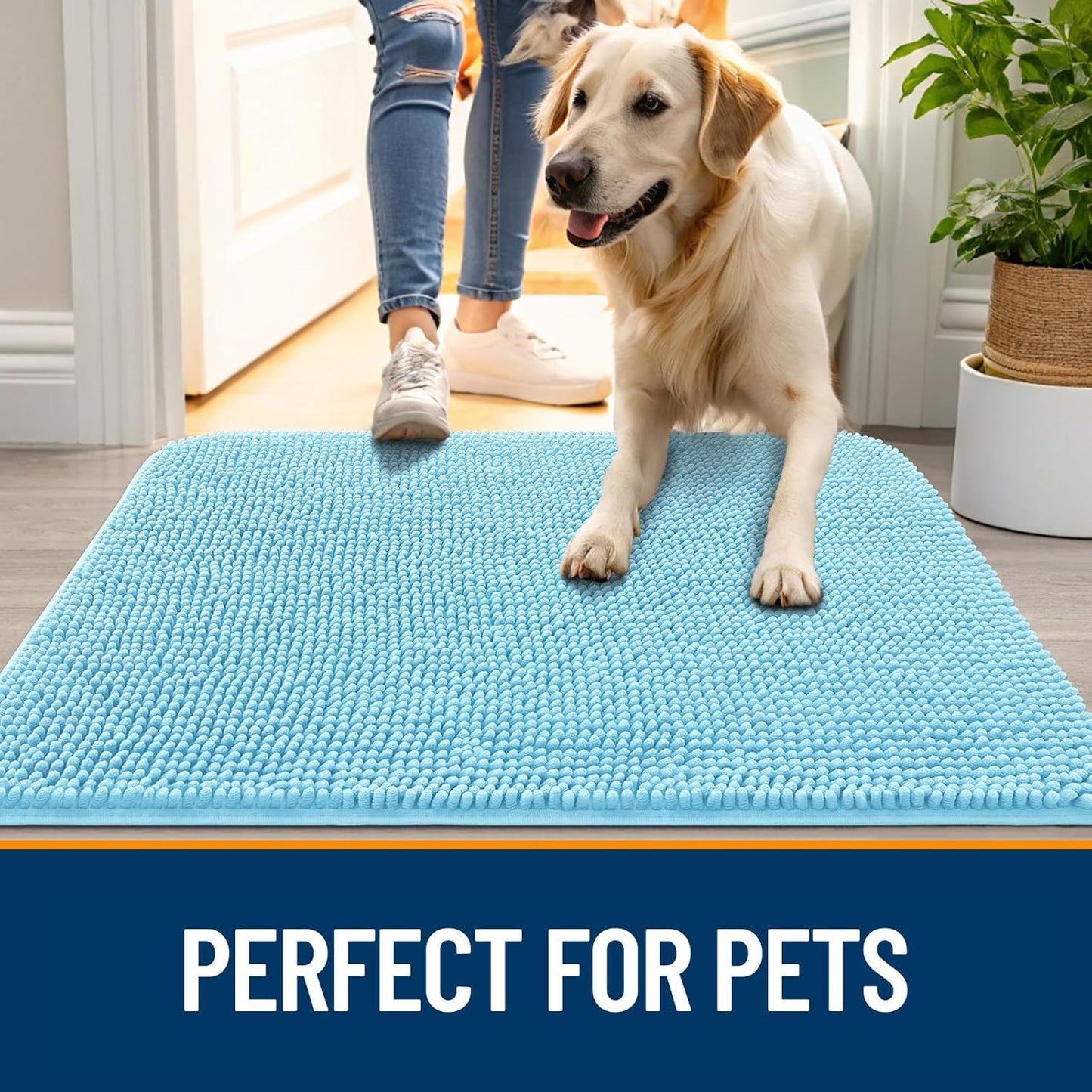 OLANLY Dog Door Mat for Muddy Paws 70x46, Absorbs Moisture and Dirt, Absorbent Non-Slip Washable Doormat, Quick Dry Chenille Mud Mat for Dogs, Entry Indoor Entryway Carpet for Inside Floor, Blue
