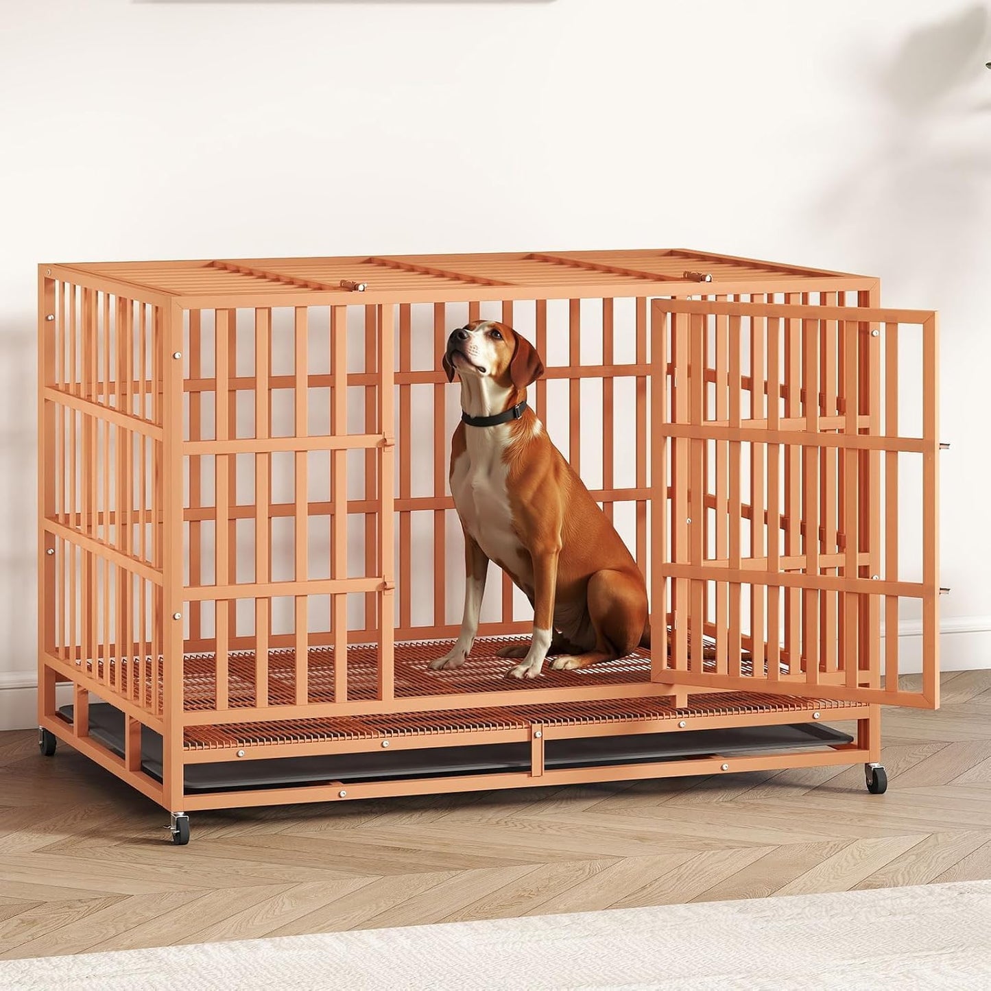48IN Heavy Duty Dog Crate Steel Escape Proof, Indoor Double Door High Anxiety Cage Removable Tray, Extra Large,Orange
