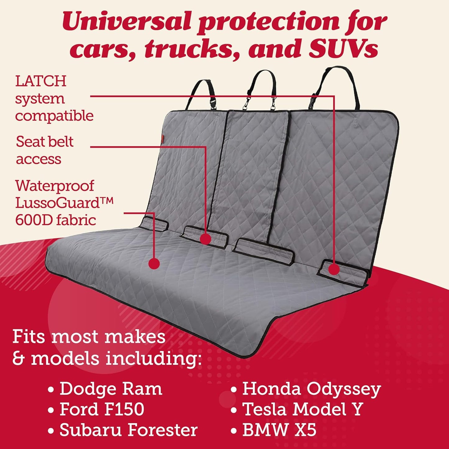 Lusso Gear Dog Car Seat Cover for Back Seat - 100% Waterproof - Full Protection from Mud, Scratches, Shedding - Non-Slip Cover Stays in Place, Fits Car, Truck, SUV (Gray)