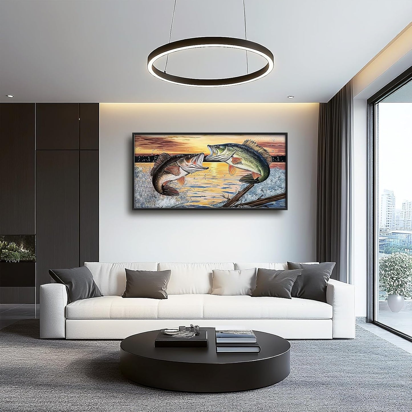 Large Fish Wall Art for Living Room, Framed Bass Fishing Wall Decor, Oversized Rustic Sunset Lake Canvas Painting Fish Pictures Modern Artwork Home Decoration for Living Room Bedroom Office 60"x30"