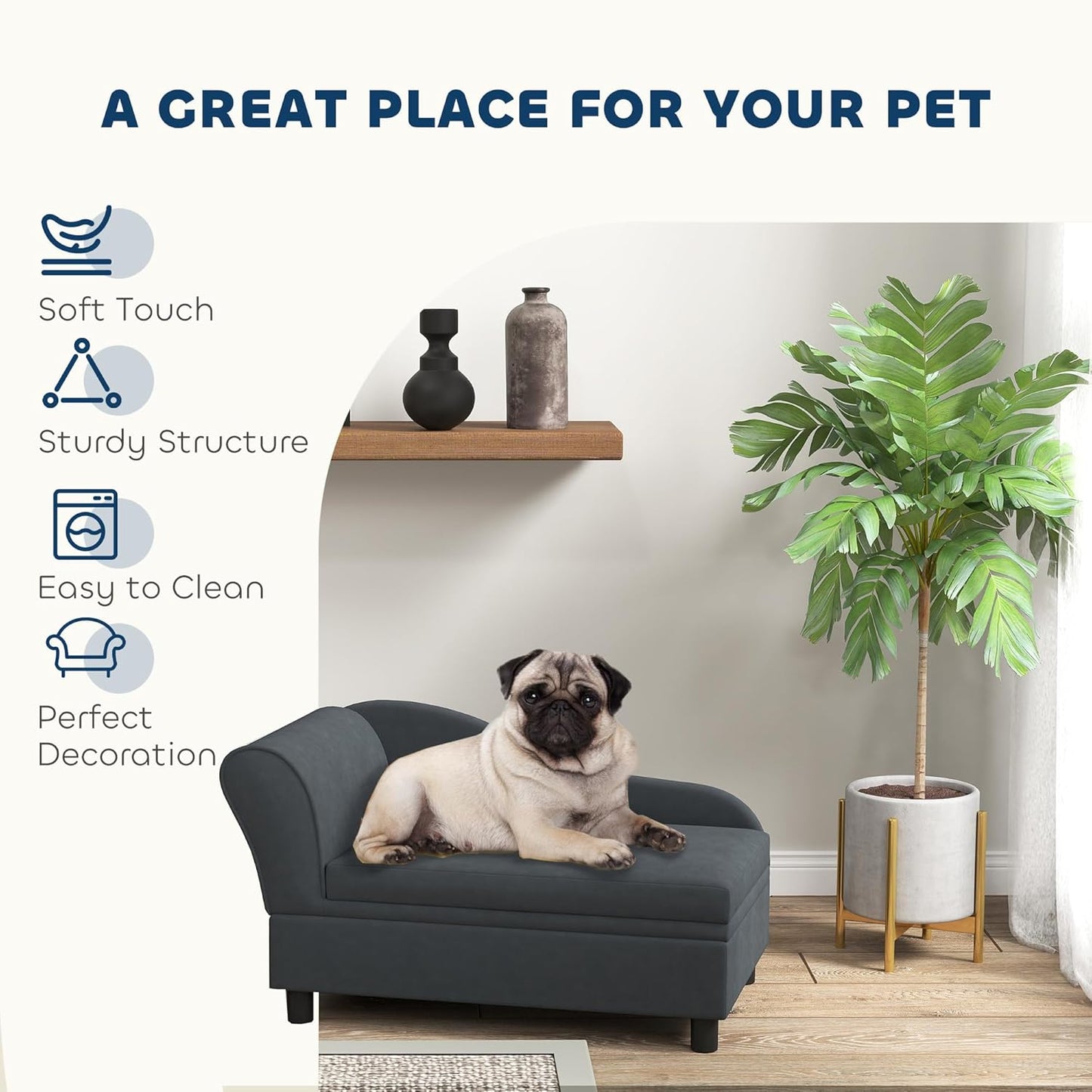 PawHut Luxury Fancy Dog Couch with Hidden Storage, Small Dog Sofa Bed with 2" Soft Foam, Modern Pet Furniture for Puppies & Little Breeds, Dark Gray