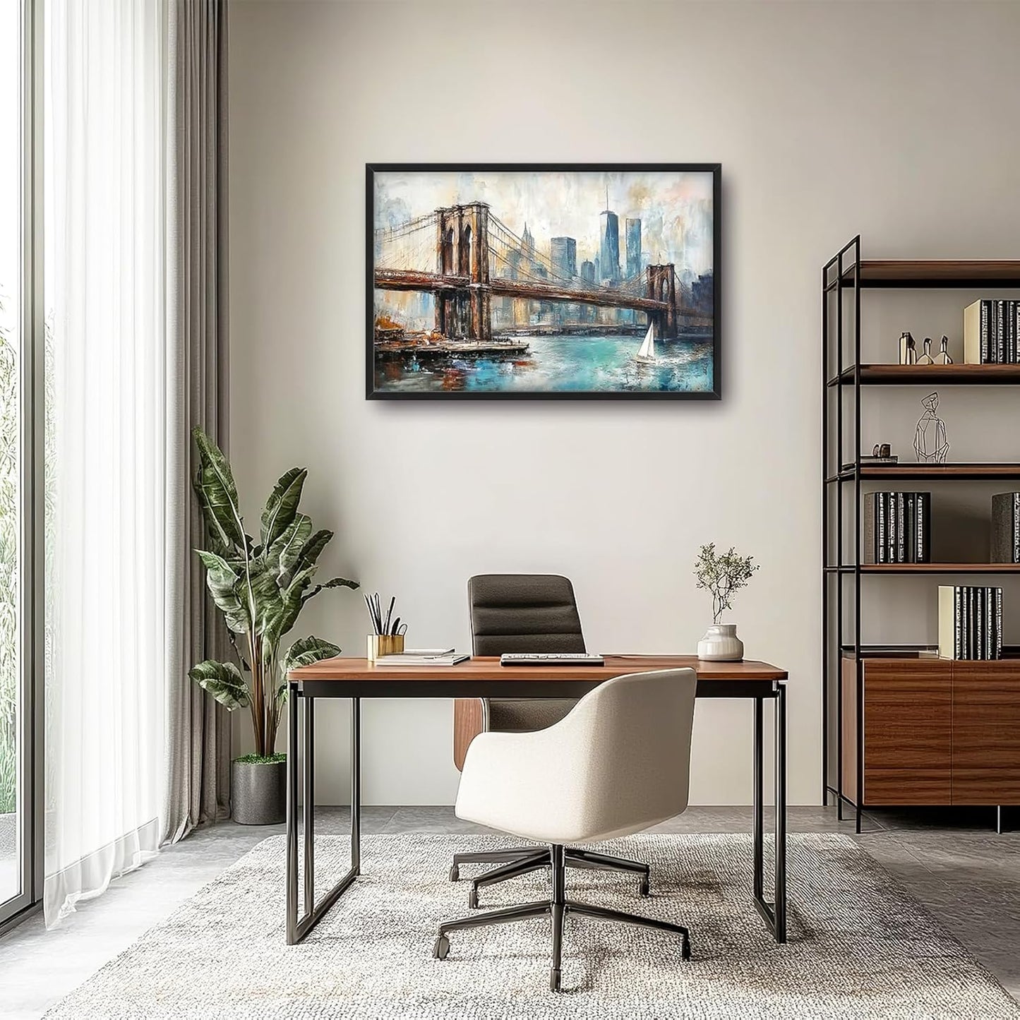 Extra Large Framed Brooklyn Bridge Wall Art,New York City Wall Decor,Abstract Skyline Cityscape Pictures for Living Room,Canvas Print Painting Modern Artwork Bedroom Office Bathroom 36L x24W