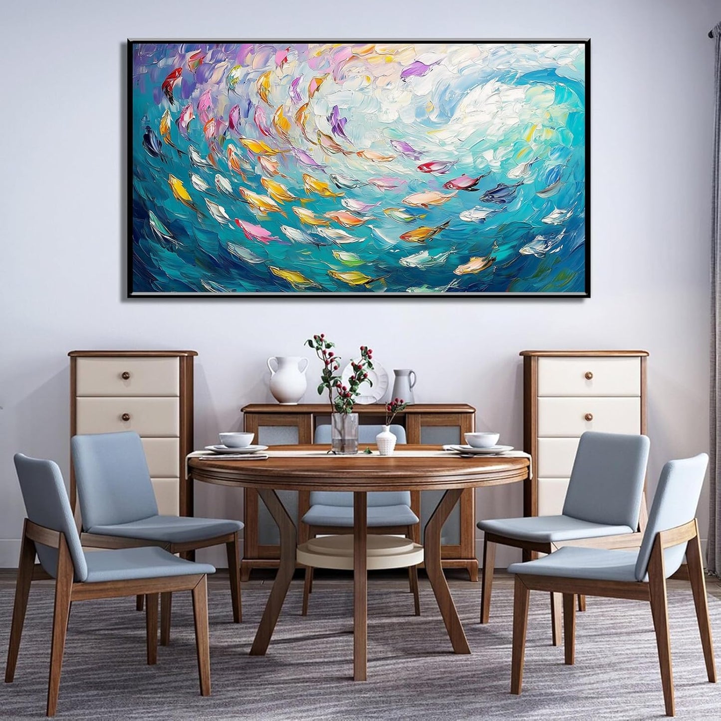 Fish Canvas Wall Art, Abstract School of Fish Canvas Wall Art, School of Fish Painting Canvas, School of Fish Wall Art, Fish Wall Decor, Fish Pictures Wall Decor, Bedroom Canvas Wall Decor (Black Framed, 59"x33" | 150x84cm)