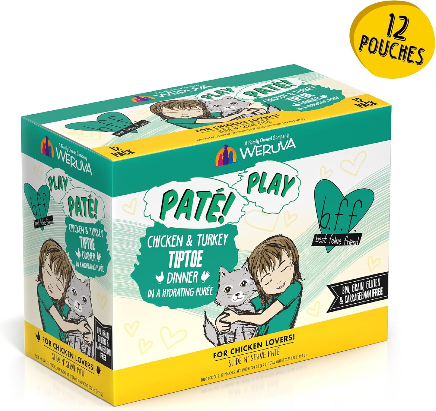 B.F.F. PLAY - Best Feline Friend Paté Lovers, Aw Yeah!, Chicken & Turkey Tiptoe with Chicken & Turkey, 3oz Pouch (Pack of 12)