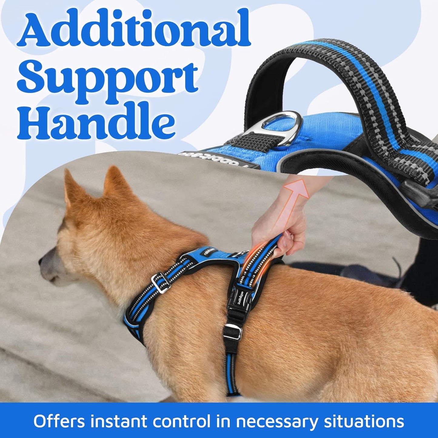rabbitgoo Dog Harness Medium Sized, No Pull Dog Vest with 3 Buckles, Adjustable Soft Padded Pet Harness with Easy Control Handle and Reflective Strips, Blue, M