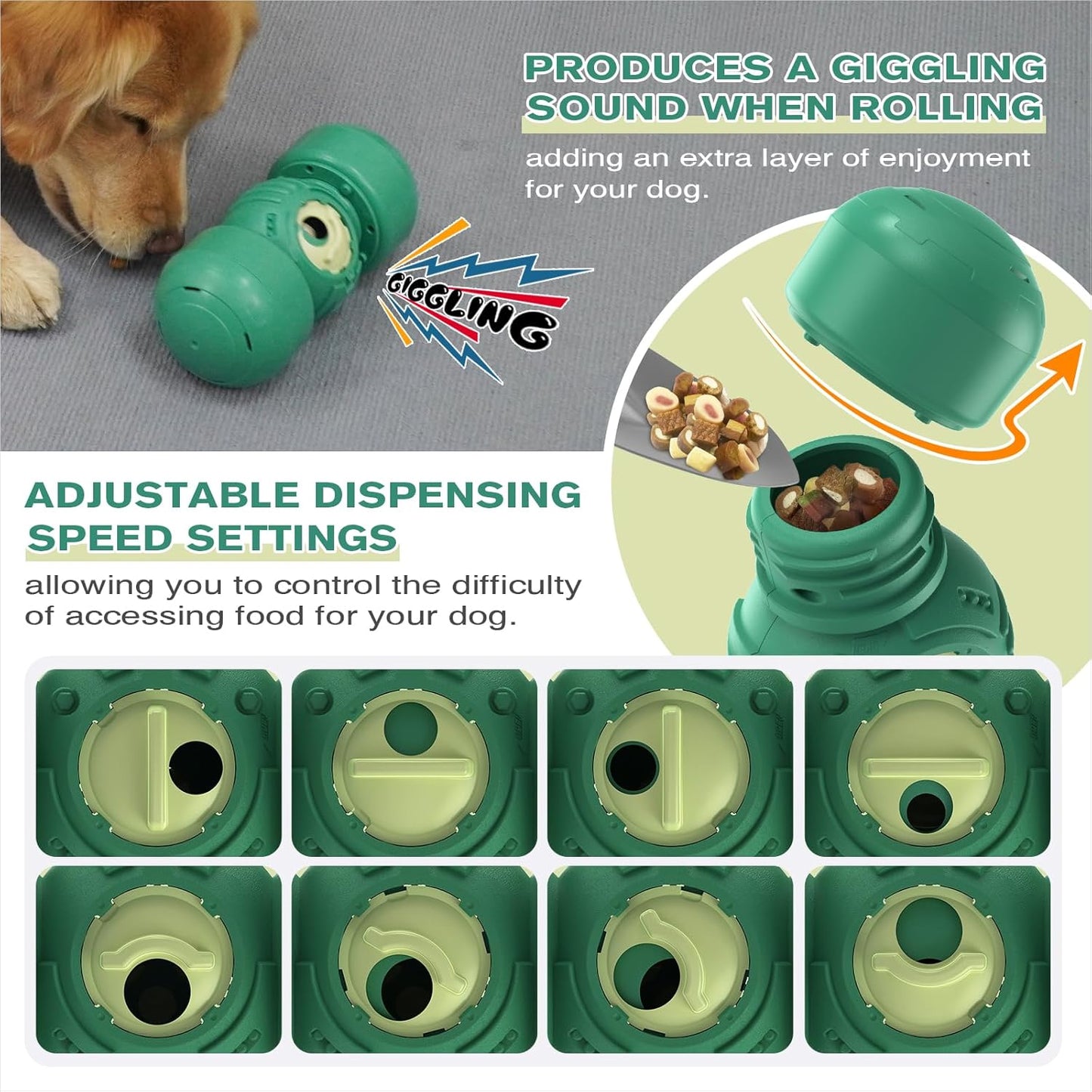 KADTC Dog Treat Dispener Toys Rolling Giggling Indestructible Puzzle Feeder Toy Adjustable Food Dispensing Speed for Medium/Large Aggressive Chewers Breed