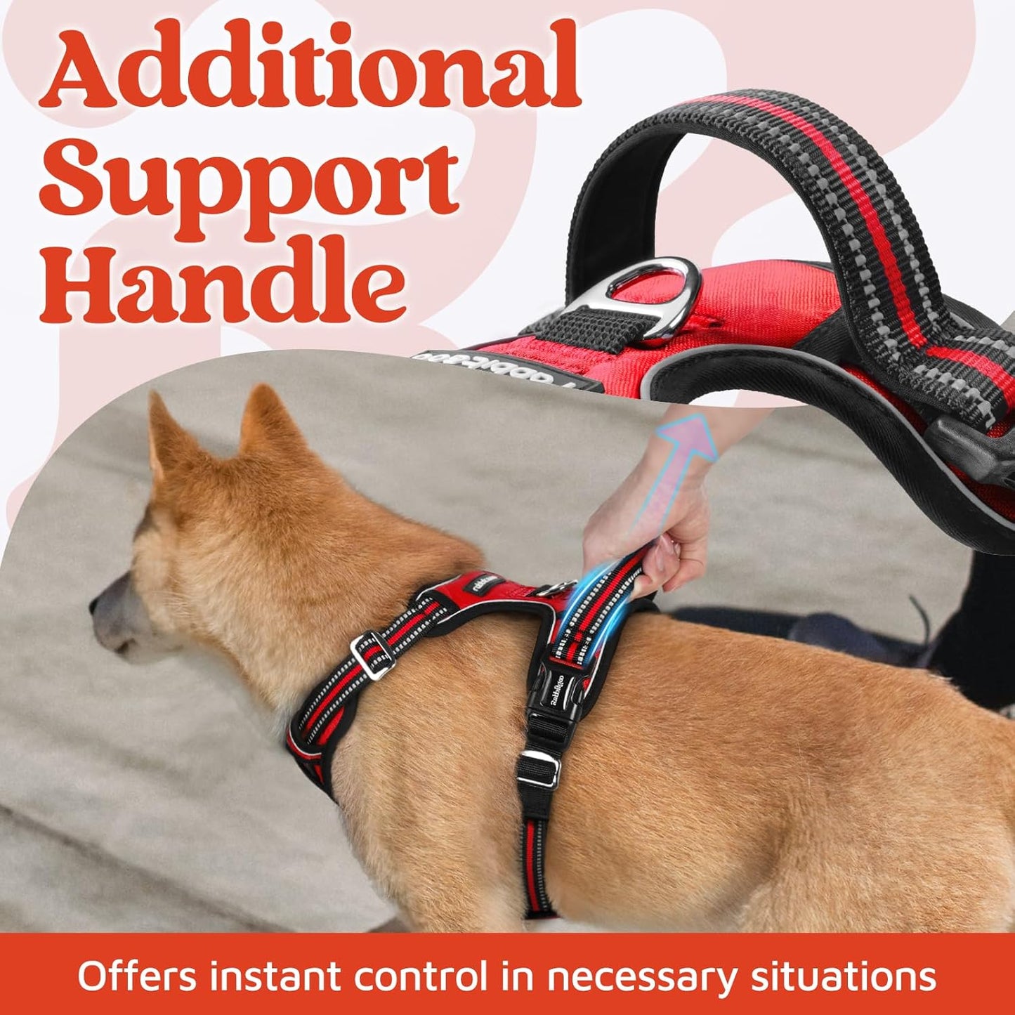 rabbitgoo Dog Harness for Large Dogs, No Pull Pet Vest with 3 Buckles, Adjustable Soft Padded Pet Harness with Easy Control Handle and Reflective Strips, Red, L