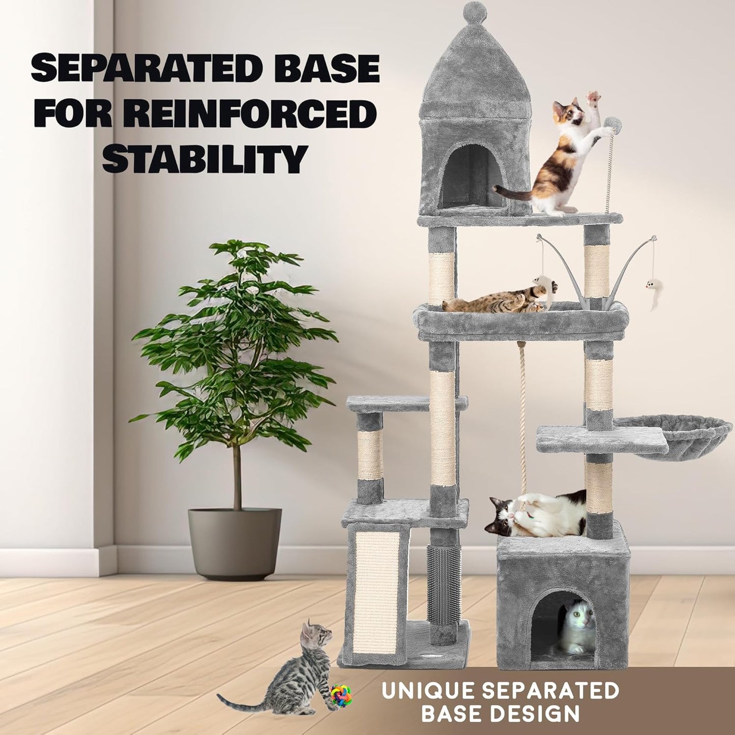 Large Cat Tree Tower for Large Cats, Cat Scratching Post, Self Grooming Post, Interactive Cat Toys, Oversized Perch and Basket, Heavy Duty 72", Light Grey