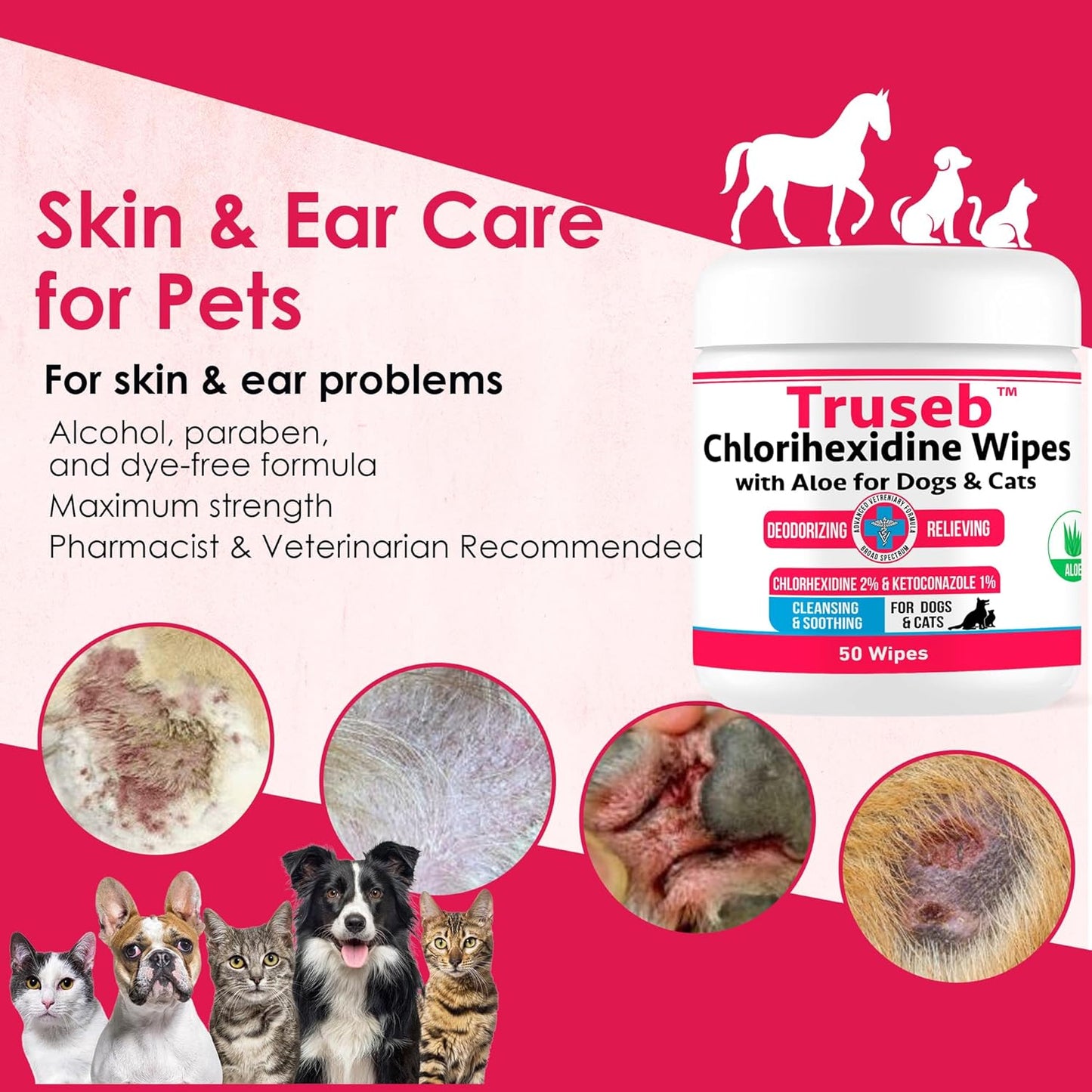 Truseb Topical Ketoconazole and Chlorhexidine Wipes for Dogs, Cats and Horses - with Aloe for Cleansing - 50 Count (Ketoconazole & Chlorhexidine Wipes, 50 Count)