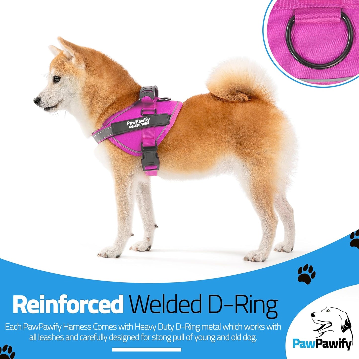 PawPawify Custom No Pull Dog Harness with Name and Phone Number, Heavy Duty Personalized Pet Vest to Prevent Tugging, Pulling, or Choking, Training and Walking (New Pink, XS (5-9LBS))