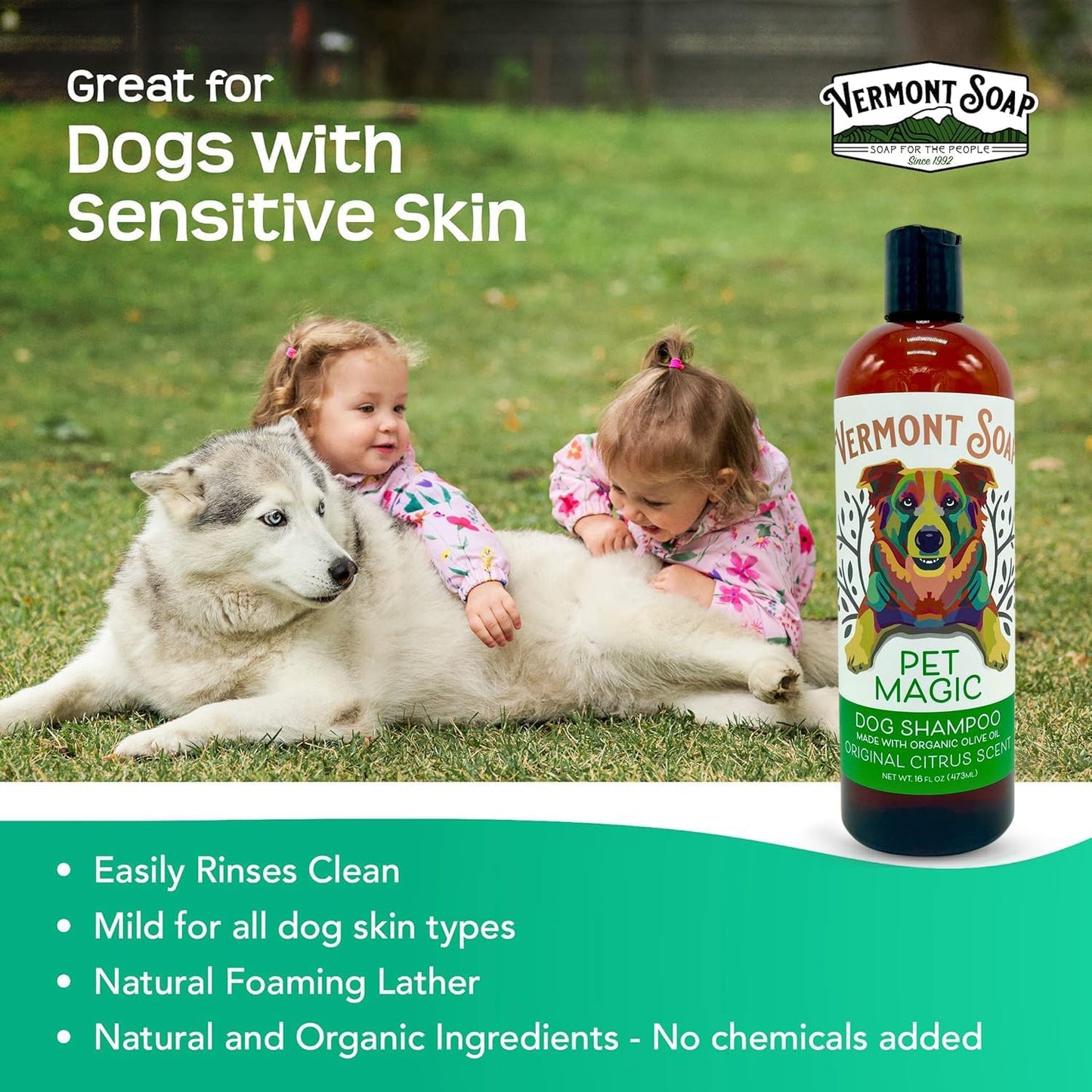 Vermont SOAP Organics Pet Shampoo - Infused with Organic & Natural Olive Oil, Coconut & Aloe Vera Dog Shampoo for Sensitive Skin - USDA Certified Grooming Pet Shampoo - Original Citrus (16oz)