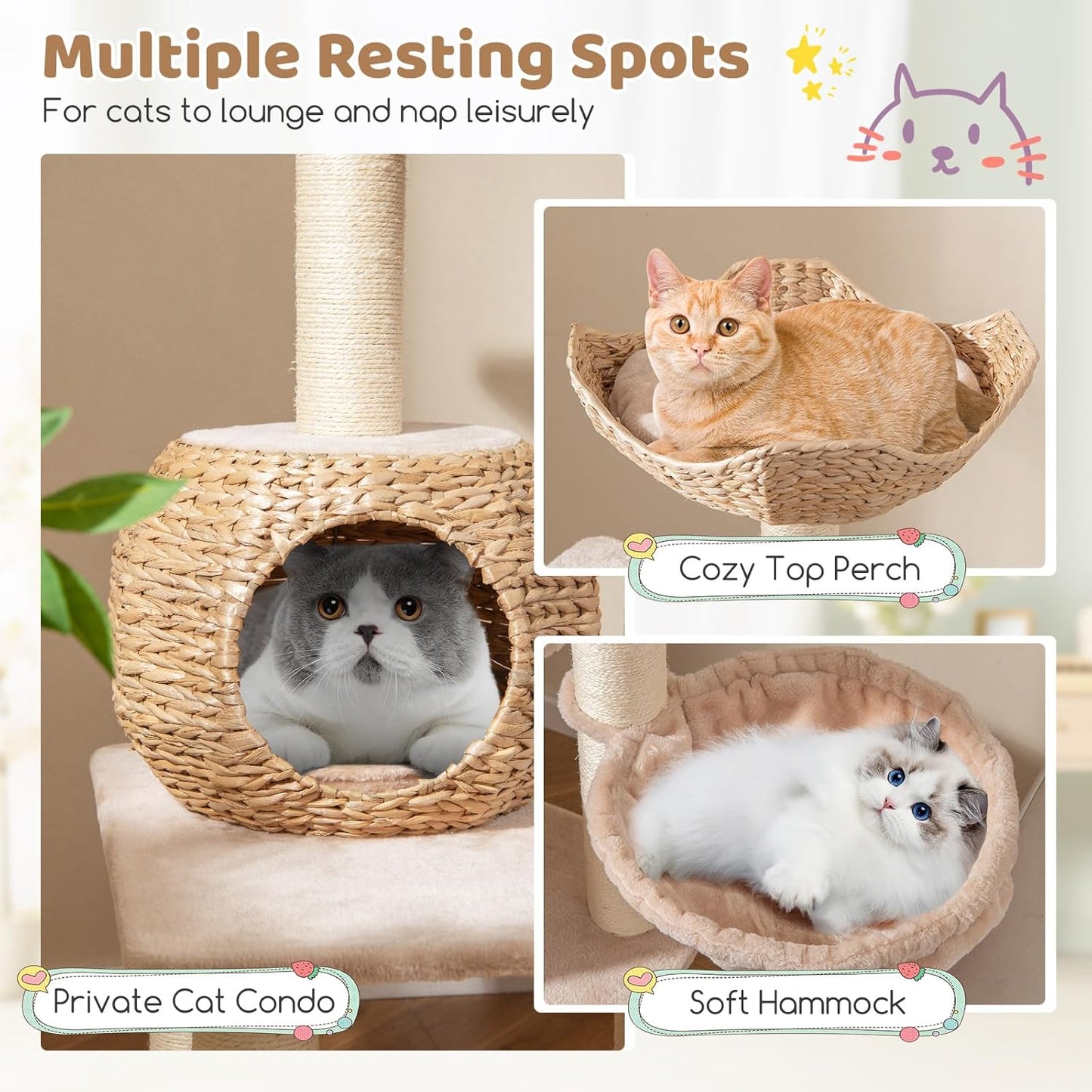 PETSITE 59 inch Cattail Cat Tree Tower, Multi-Level Cat Tower with Natural Sisal Scratching Posts, Condo, Basket, Top Perch and Jumping Platforms, Modern Tall Cat Tree for Indoor Cats