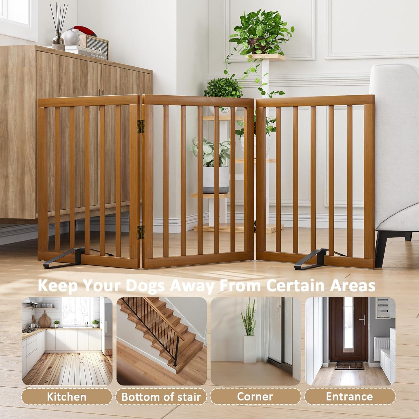 Freestanding Pet Gate Foldable Dog Gate (55 inches Wide) Walnut Bamboo Dog Gates for Stairs Doorways House (2 Support Feet Included)