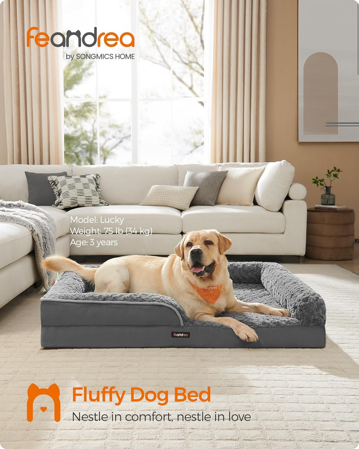 Feandrea Orthopaedic Dog Bed for Large Dogs, Waterproof Dog Sofa Bed with Removable Washable Cover, 36 x 27 x 6.5 Inches, Slate Gray UPGW252G02